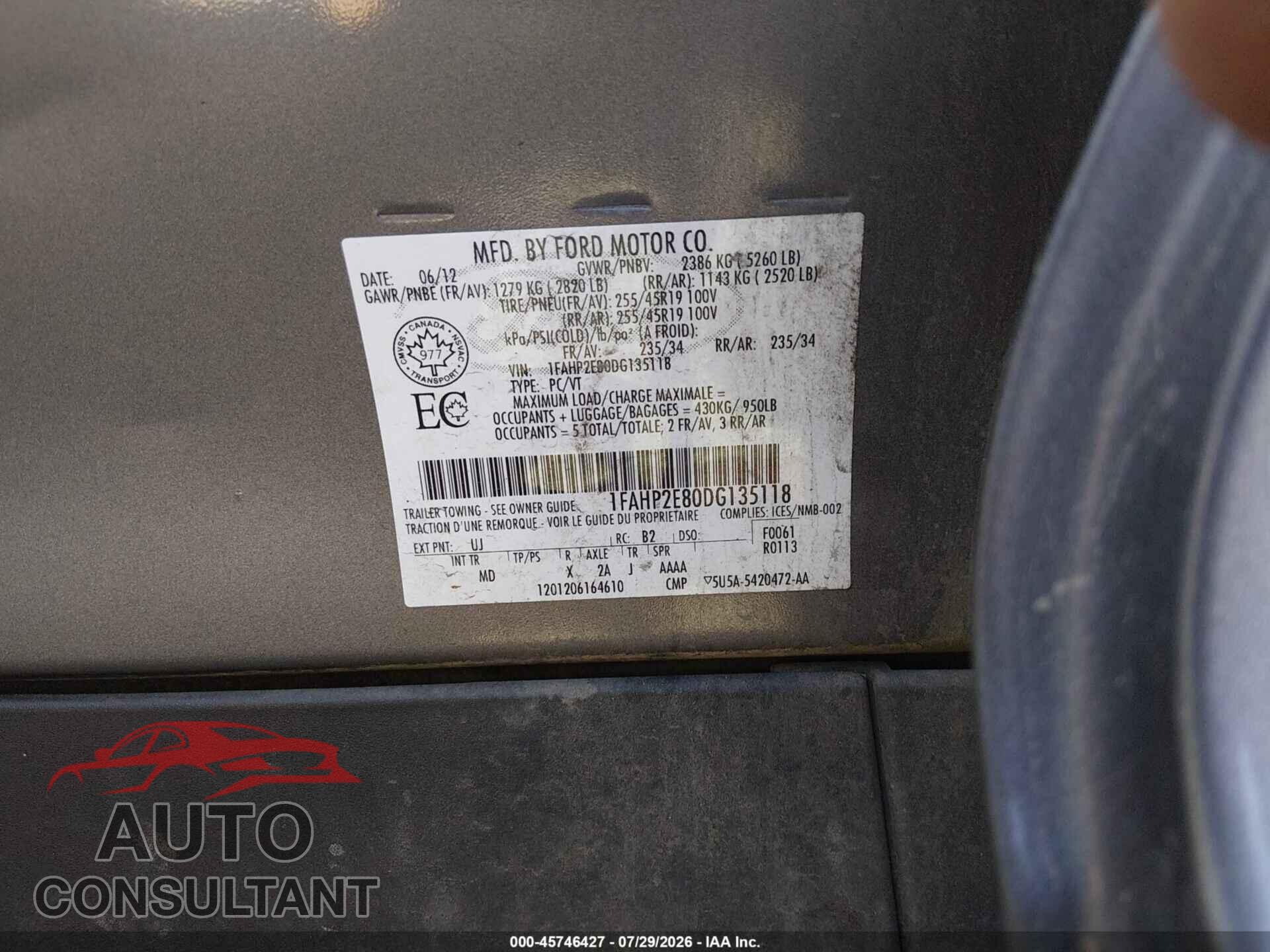 FORD TAURUS 2013 - 1FAHP2E80DG135118