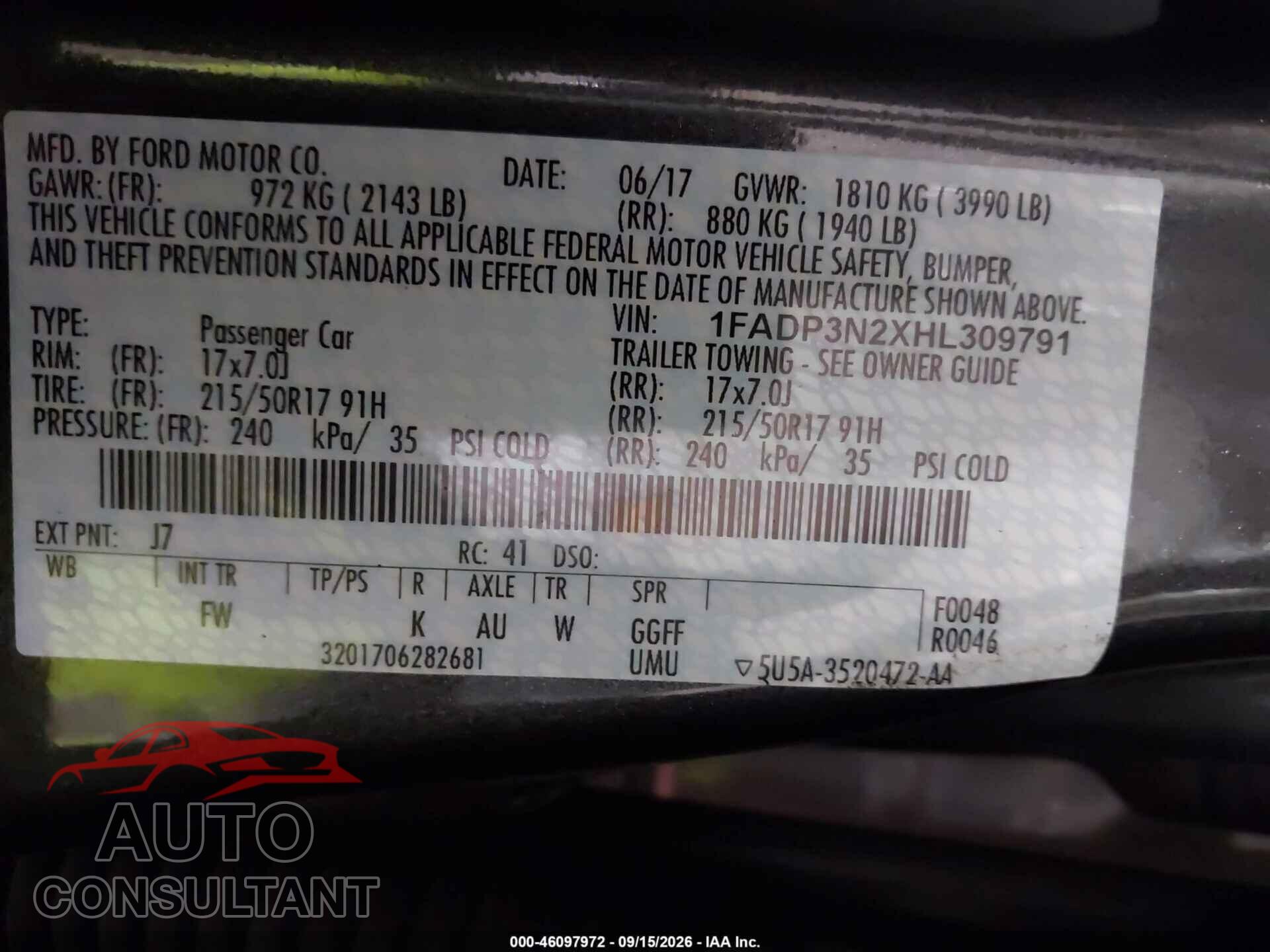 FORD FOCUS 2017 - 1FADP3N2XHL309791