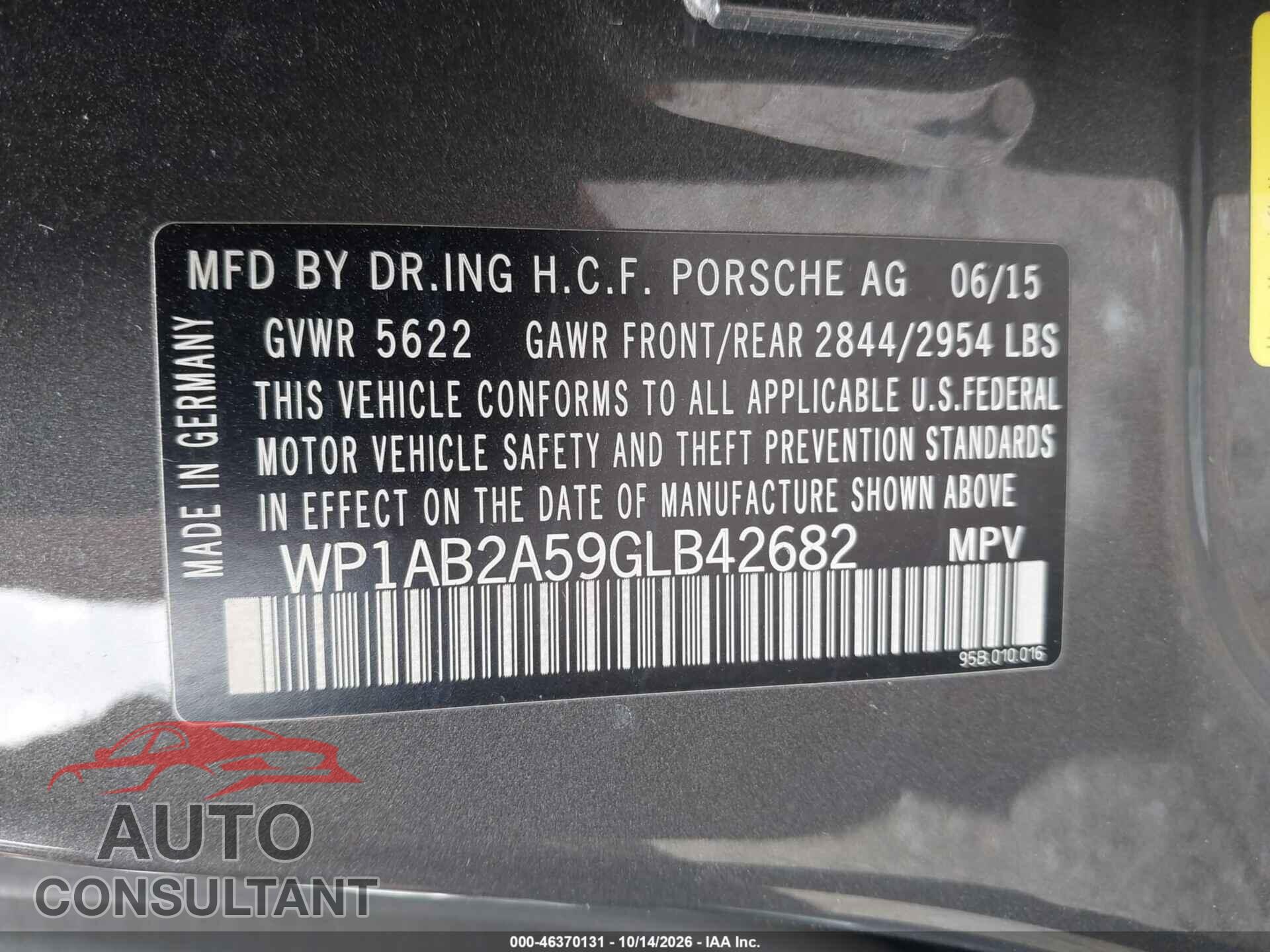 PORSCHE MACAN 2016 - WP1AB2A59GLB42682