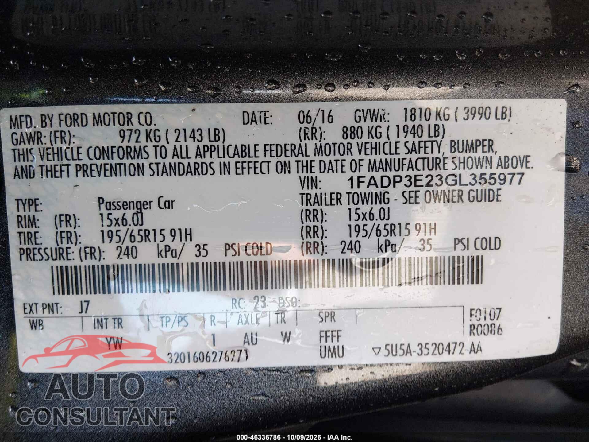 FORD FOCUS 2016 - 1FADP3E23GL355977