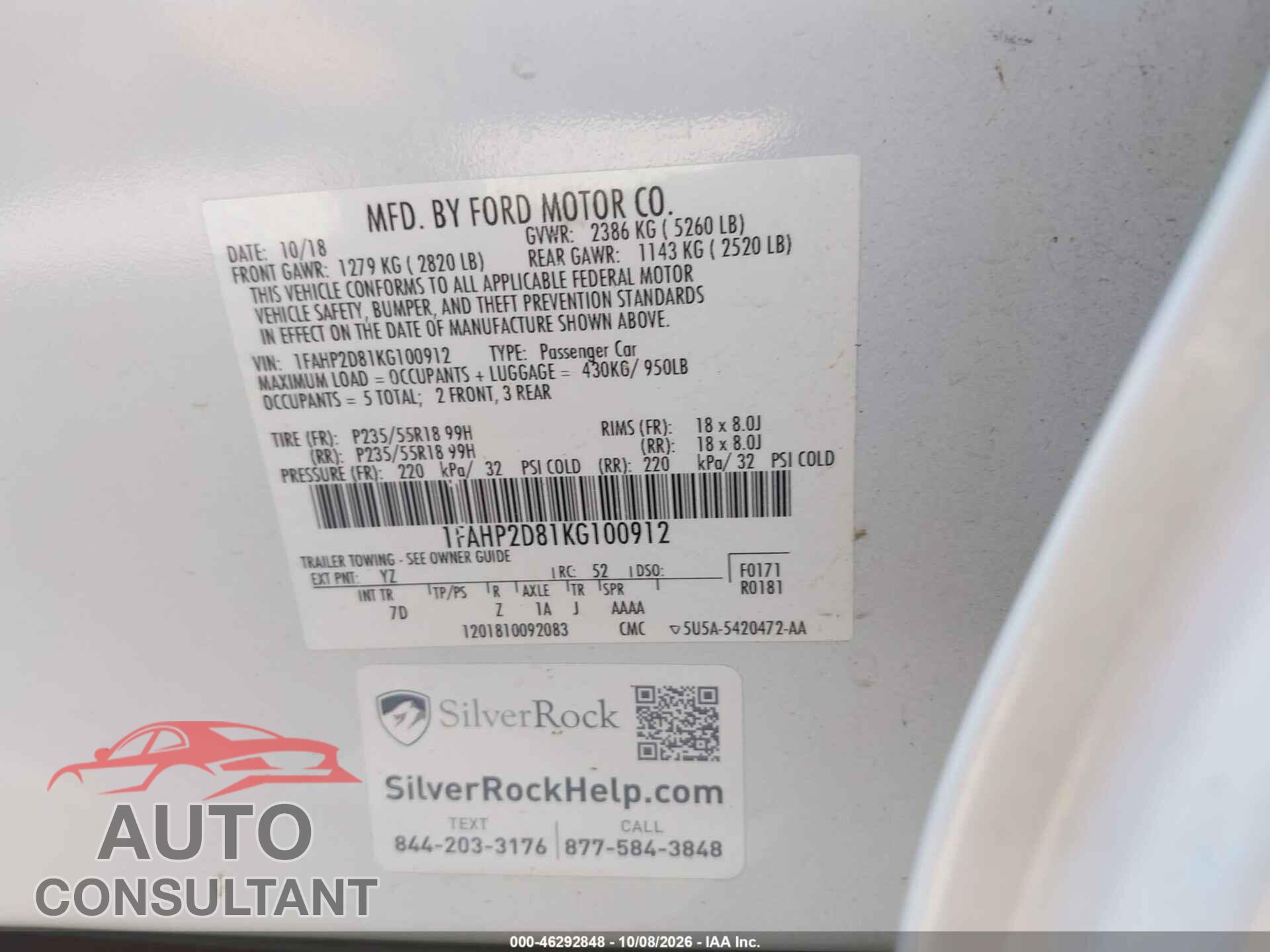 FORD TAURUS 2019 - 1FAHP2D81KG100912