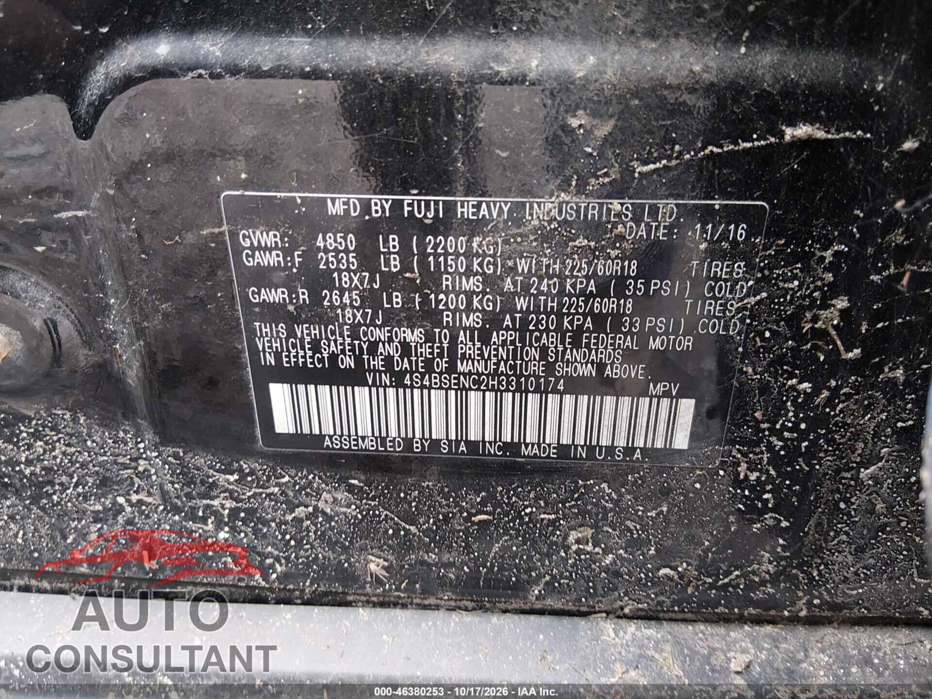 SUBARU OUTBACK 2017 - 4S4BSENC2H3310174