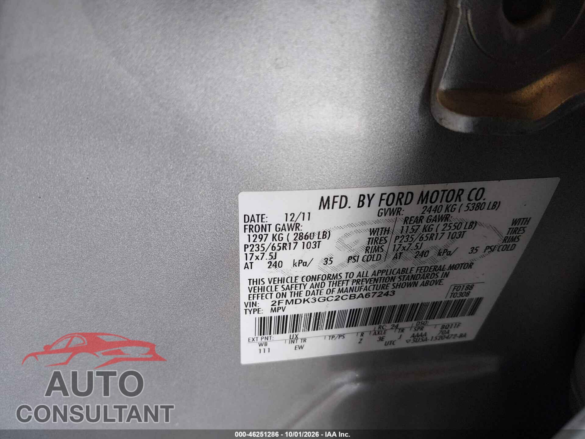 FORD EDGE 2012 - 2FMDK3GC2CBA67243