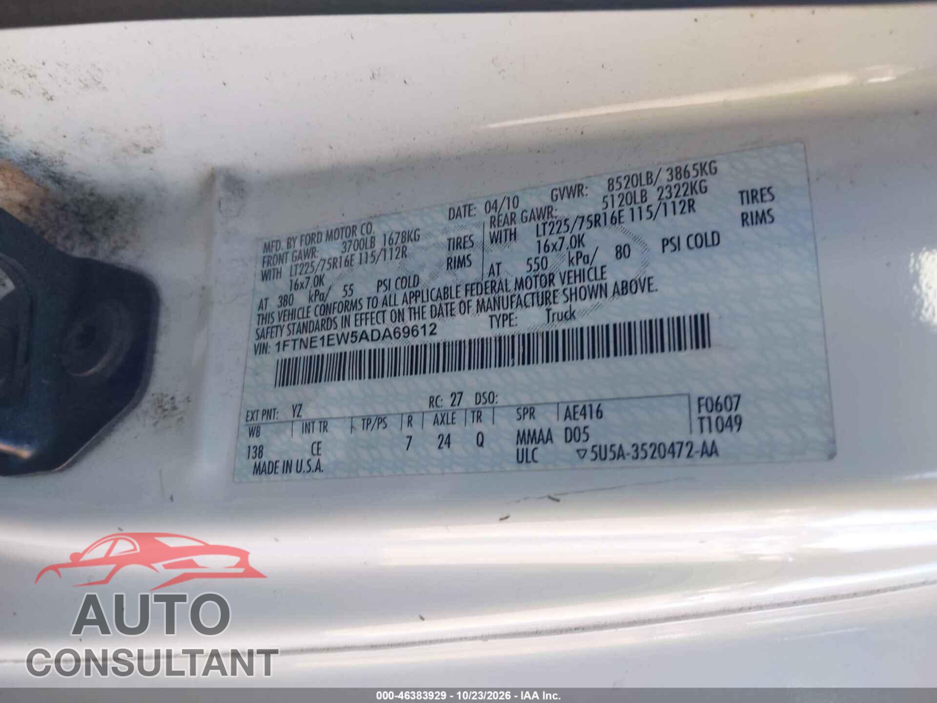 FORD E-150 2010 - 1FTNE1EW5ADA69612