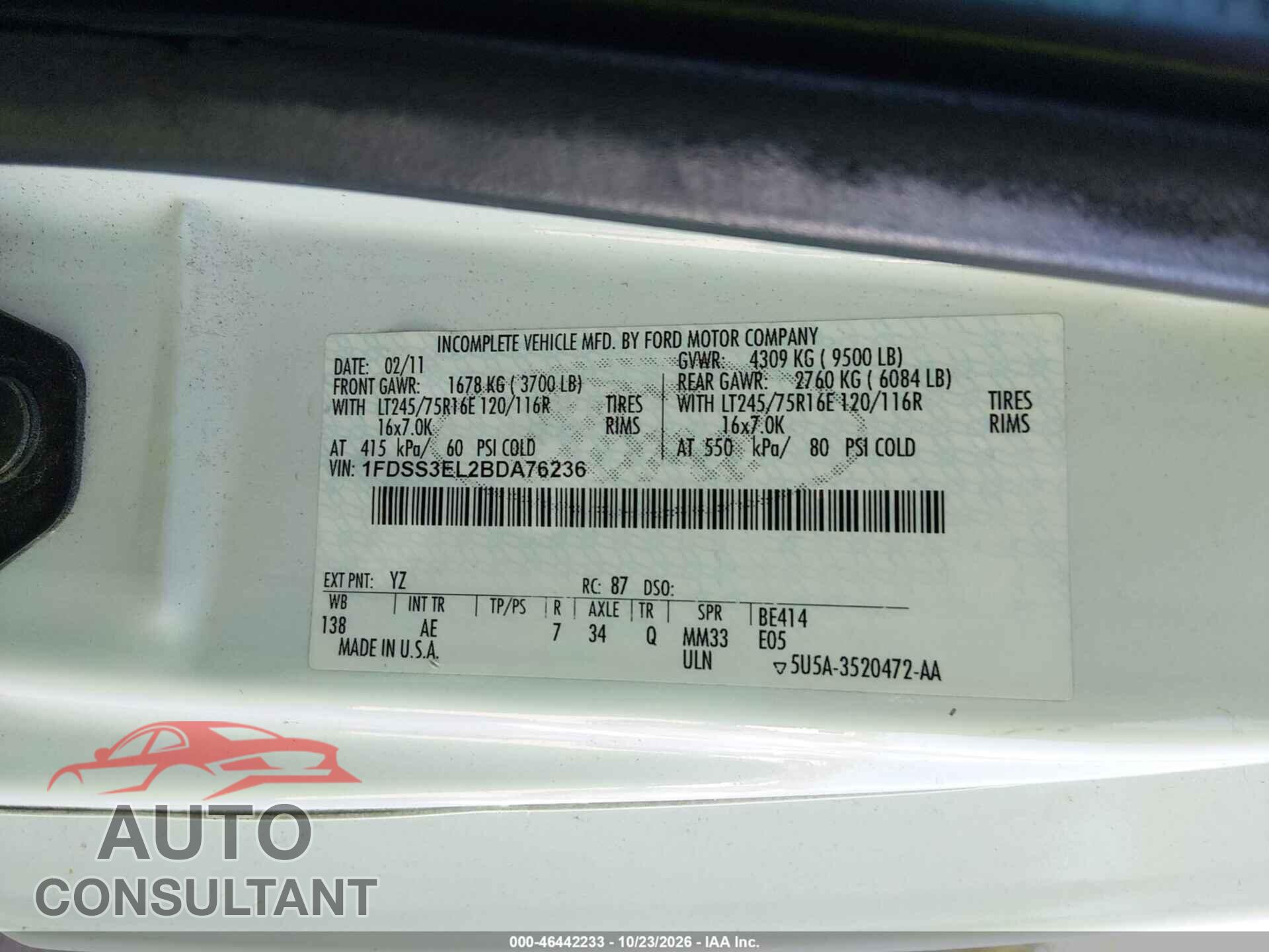 FORD E-350 SUPER DUTY 2011 - 1FDSS3EL2BDA76236