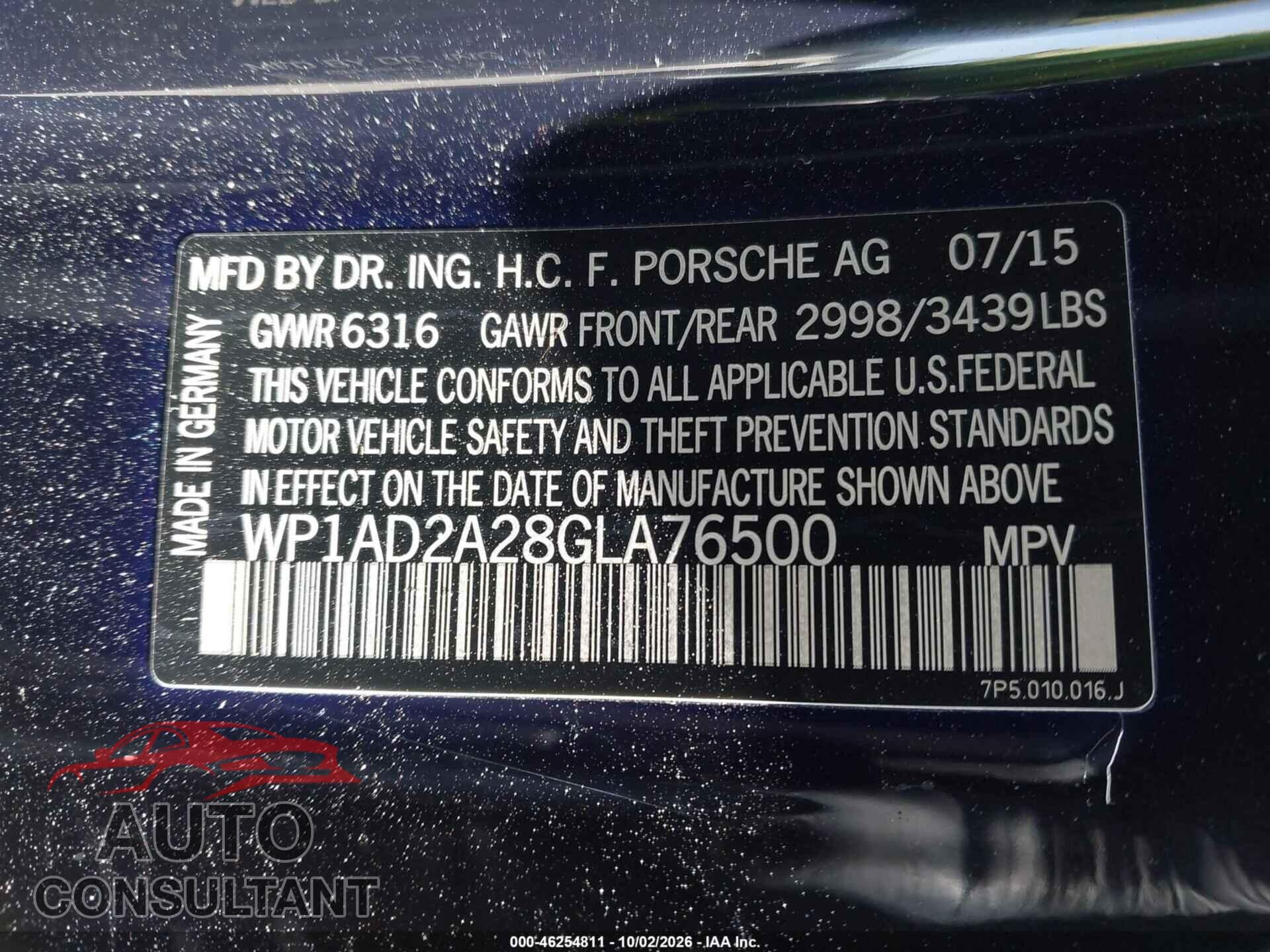 PORSCHE CAYENNE 2016 - WP1AD2A28GLA76500