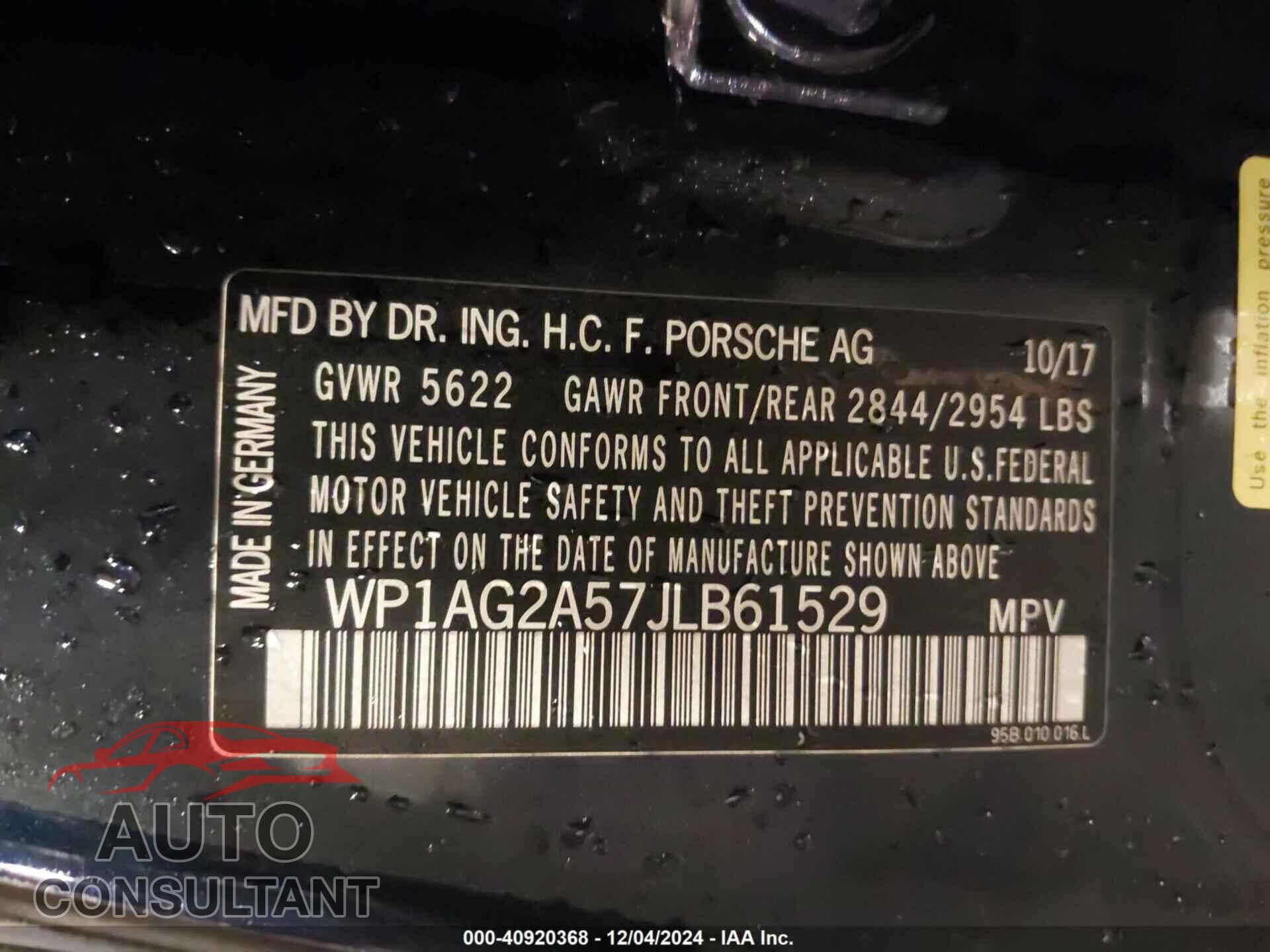 PORSCHE MACAN 2018 - WP1AG2A57JLB61529