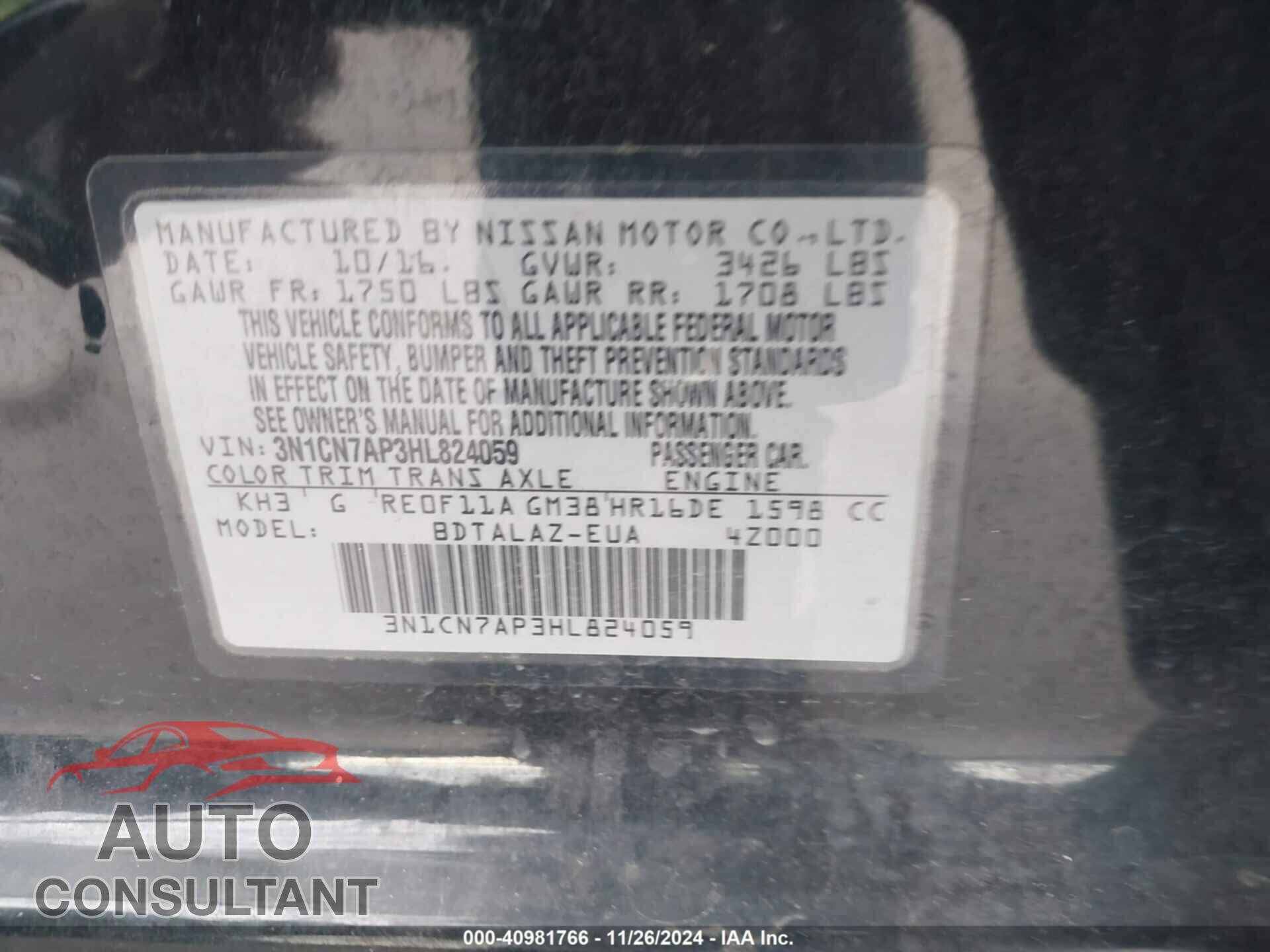 NISSAN VERSA 2017 - 3N1CN7AP3HL824059