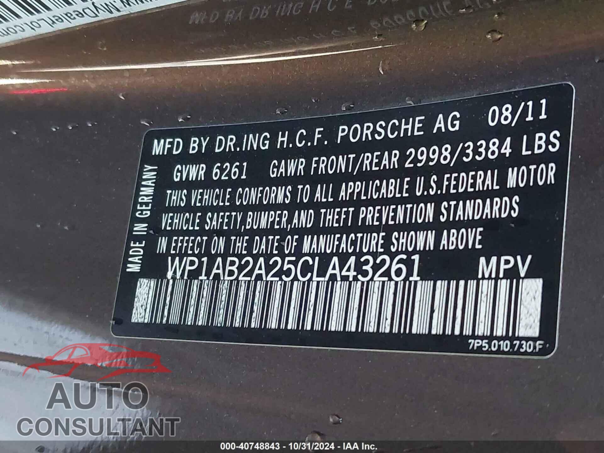 PORSCHE CAYENNE 2012 - WP1AB2A25CLA43261