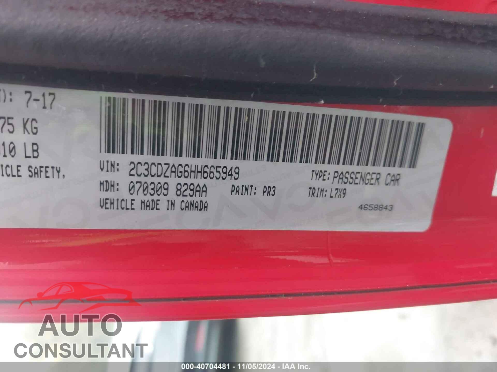 DODGE CHALLENGER 2017 - 2C3CDZAG6HH665949