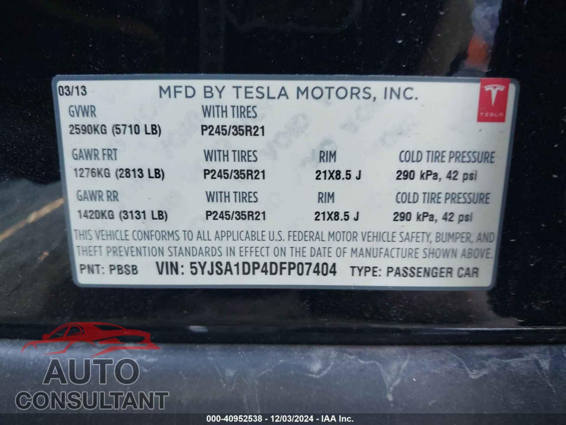 TESLA MODEL S 2013 - 5YJSA1DP4DFP07404