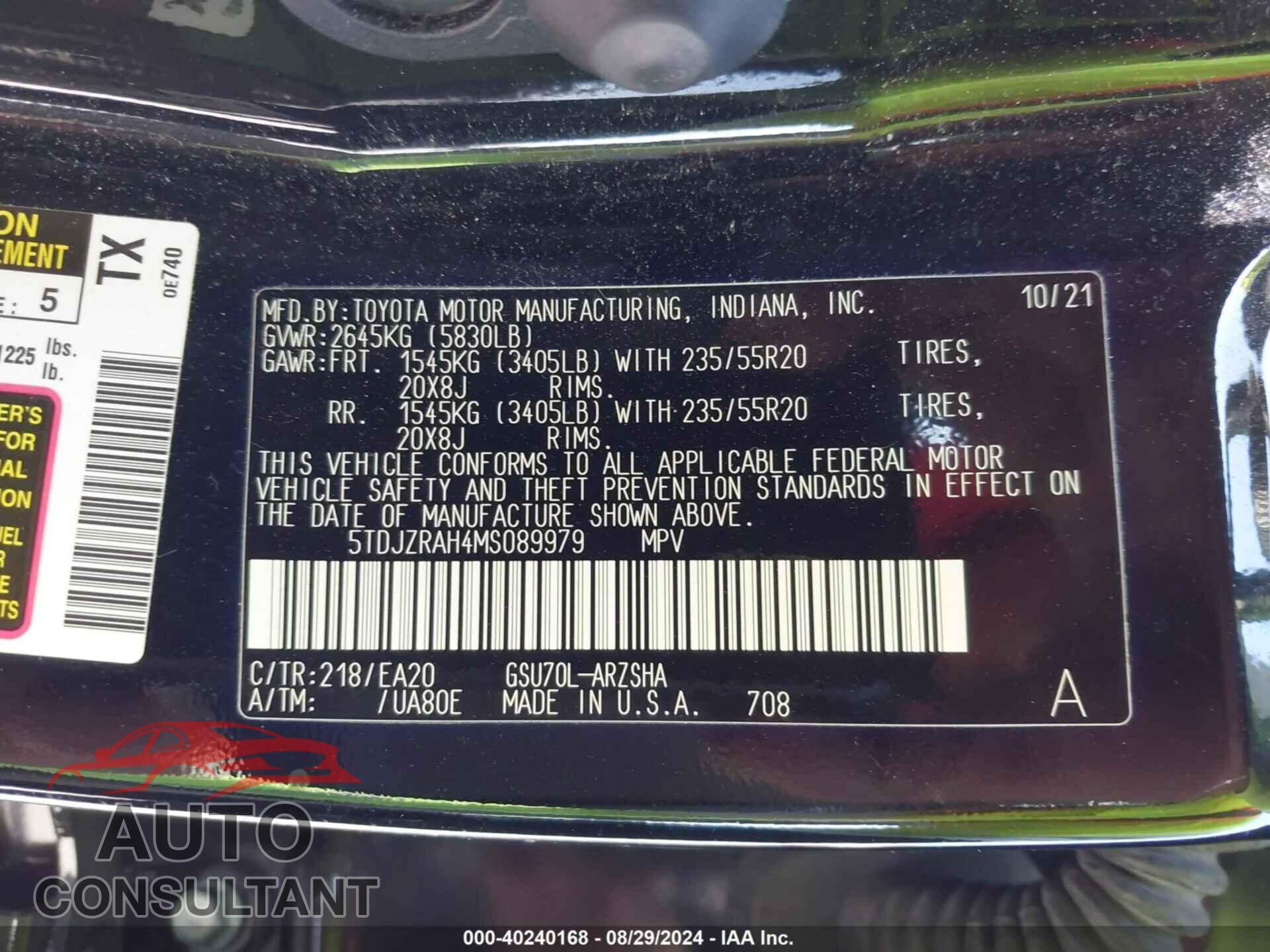 TOYOTA HIGHLANDER 2021 - 5TDJZRAH4MS089979