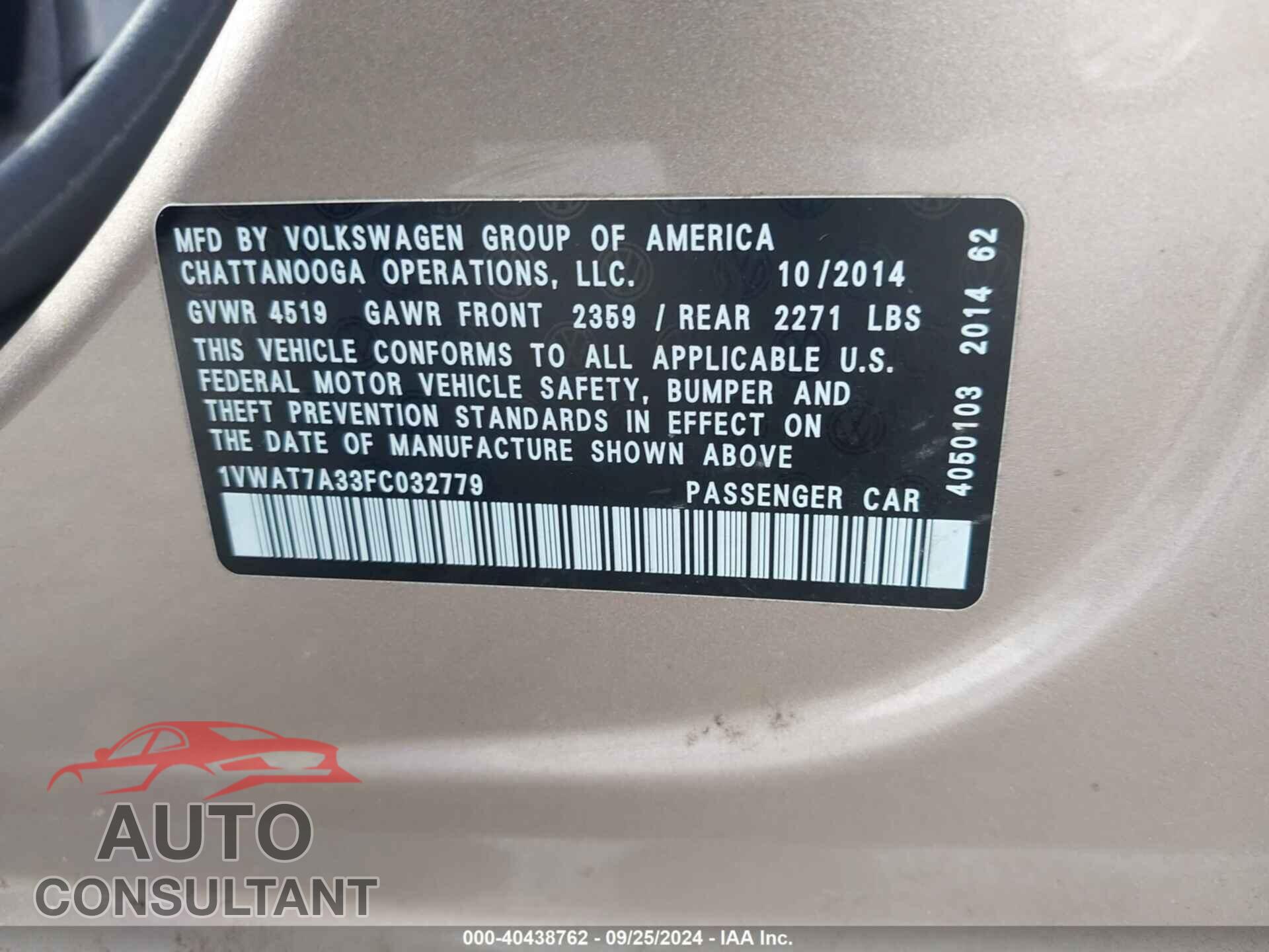 VOLKSWAGEN PASSAT 2015 - 1VWAT7A33FC032779