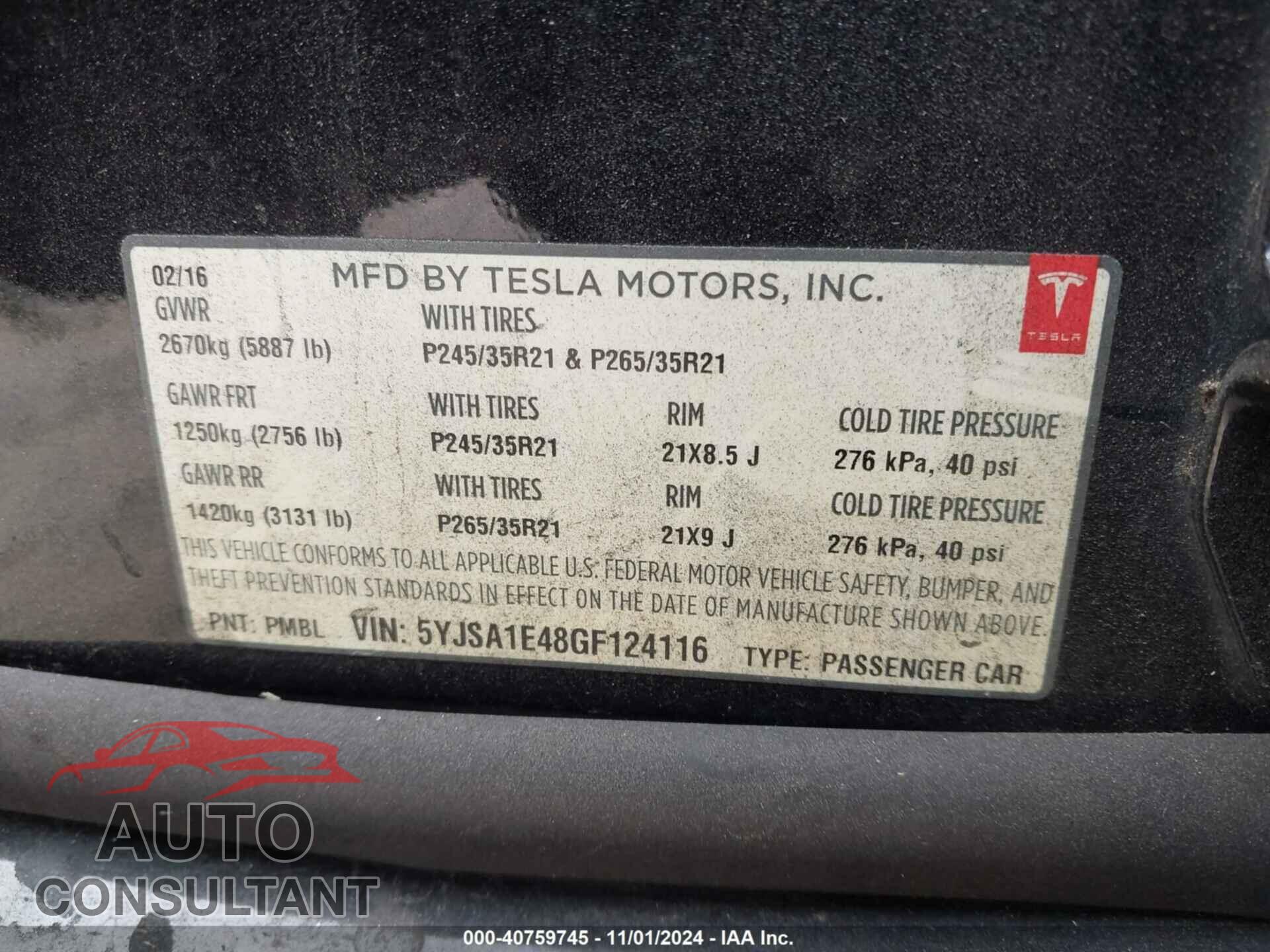 TESLA MODEL S 2016 - 5YJSA1E48GF124116