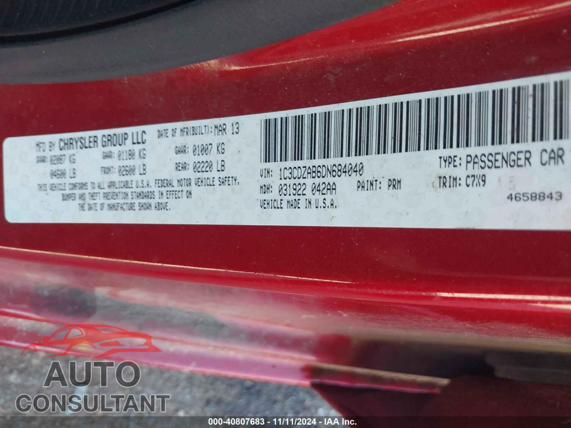 DODGE AVENGER 2013 - 1C3CDZAB6DN684040
