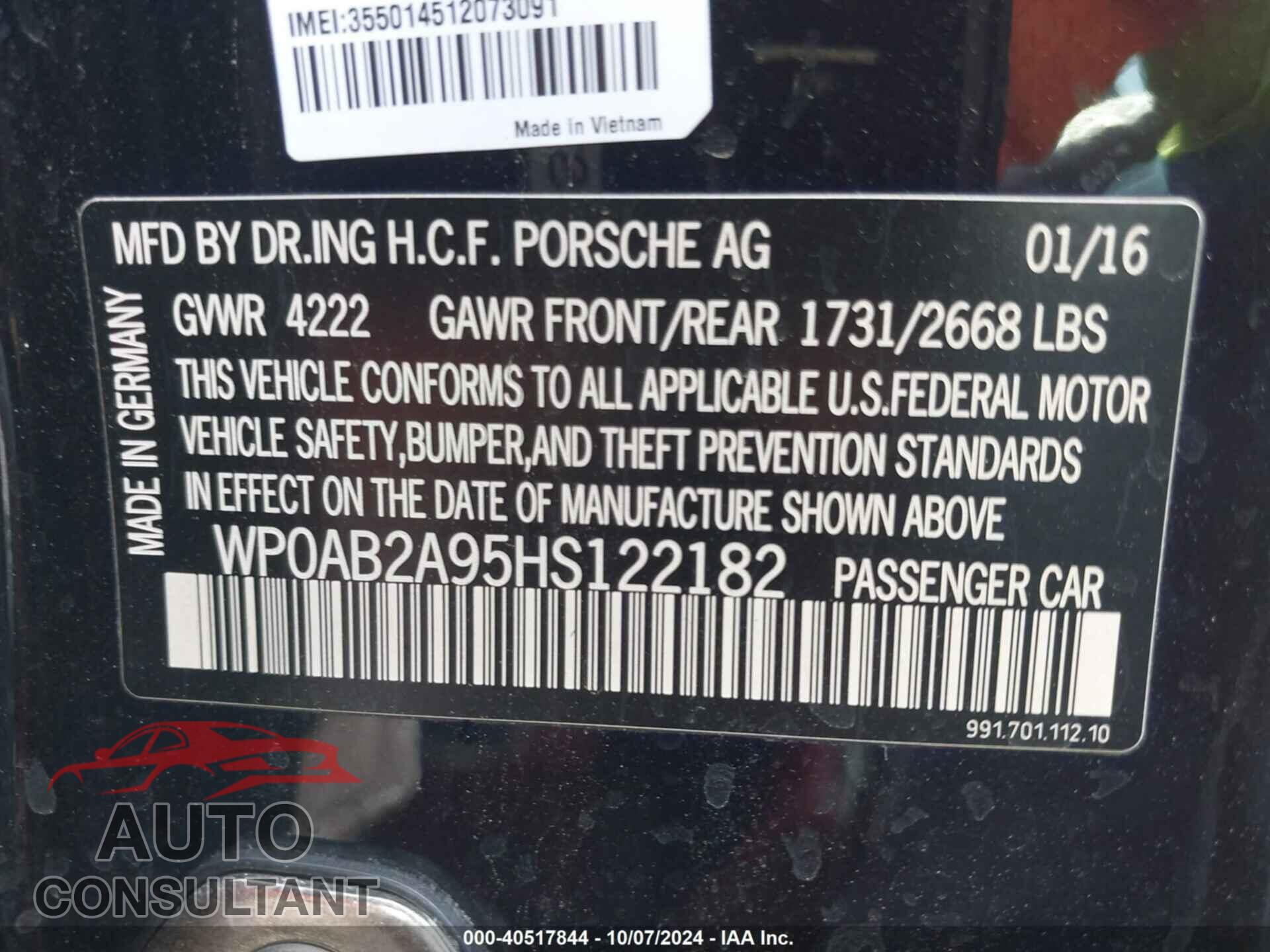 PORSCHE 911 2017 - WP0AB2A95HS122182
