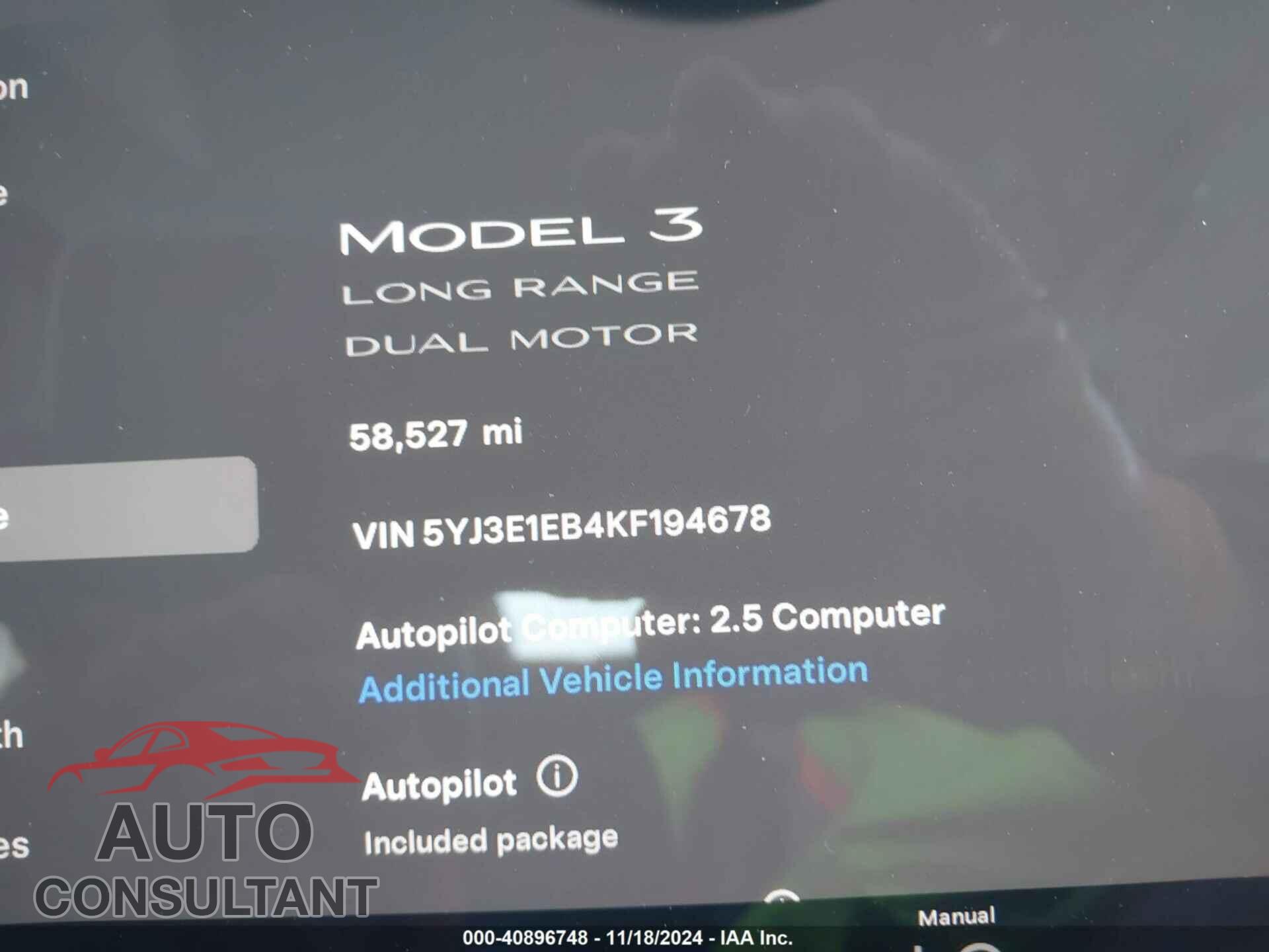 TESLA MODEL 3 2019 - 5YJ3E1EB4KF194678