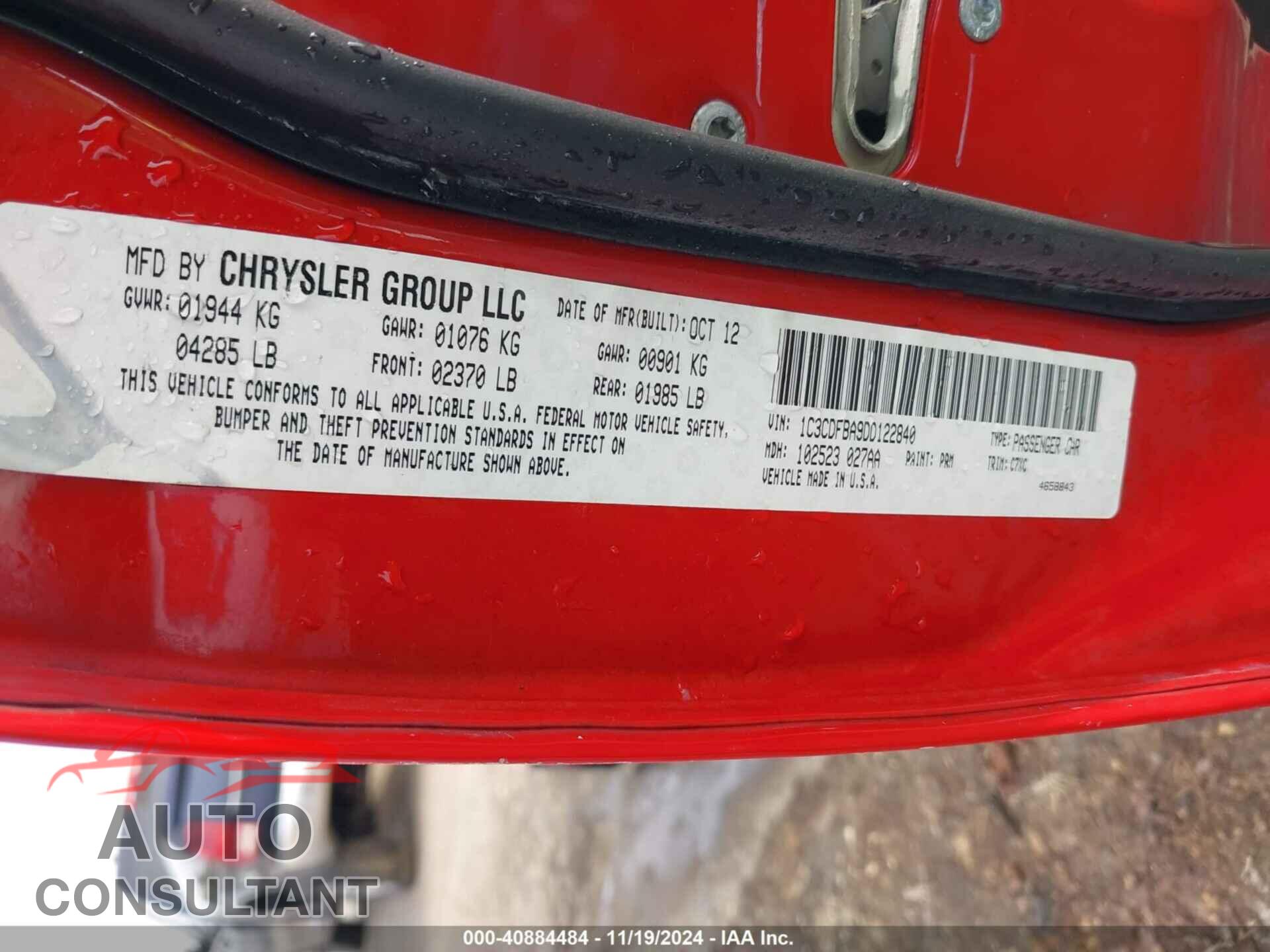 DODGE DART 2013 - 1C3CDFBA9DD122840