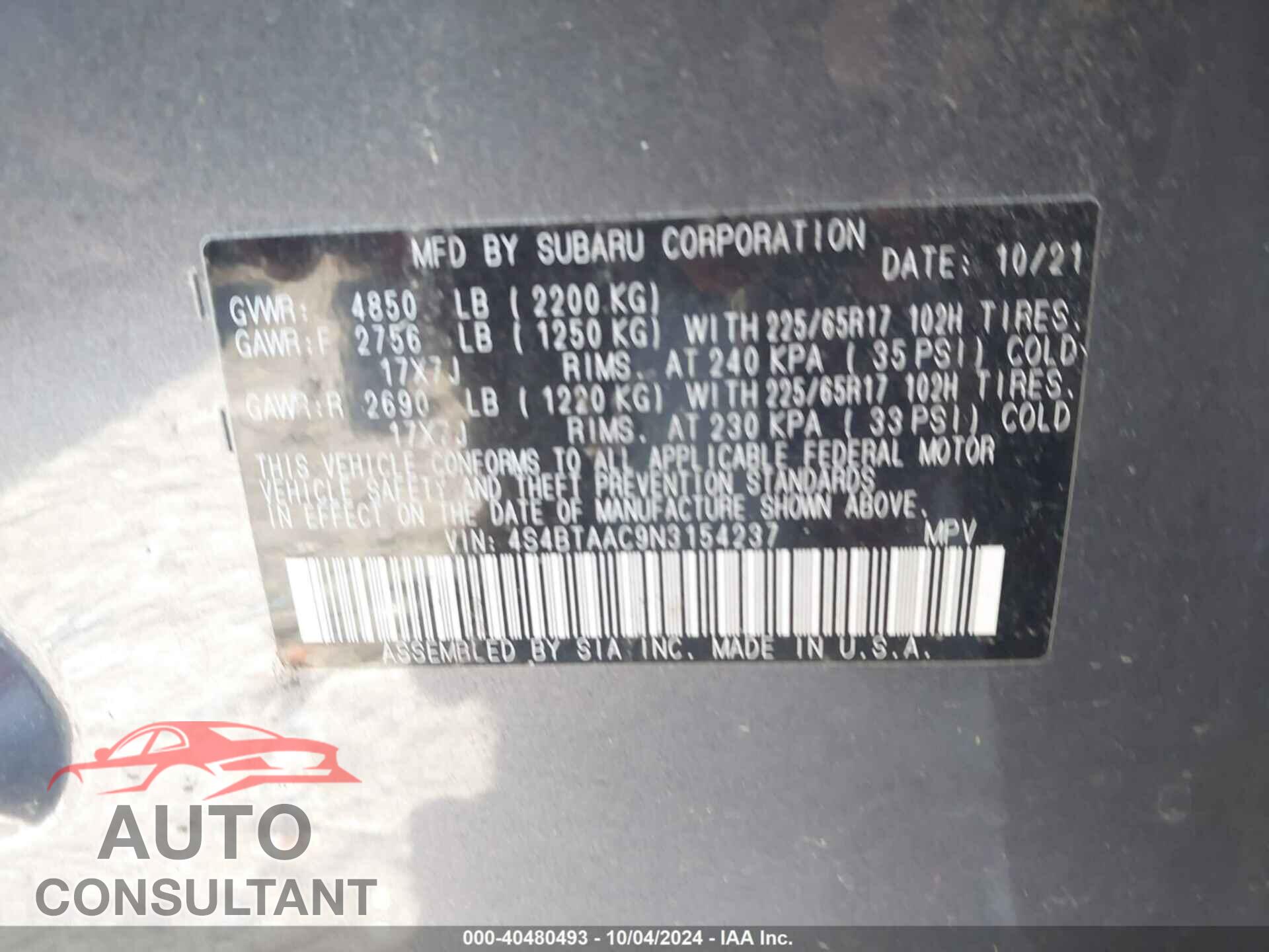 SUBARU OUTBACK 2022 - 4S4BTAAC9N3154237