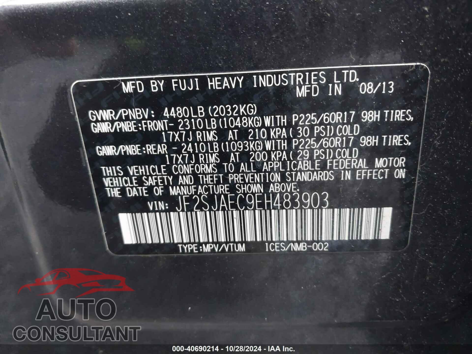 SUBARU FORESTER 2014 - JF2SJAEC9EH483903