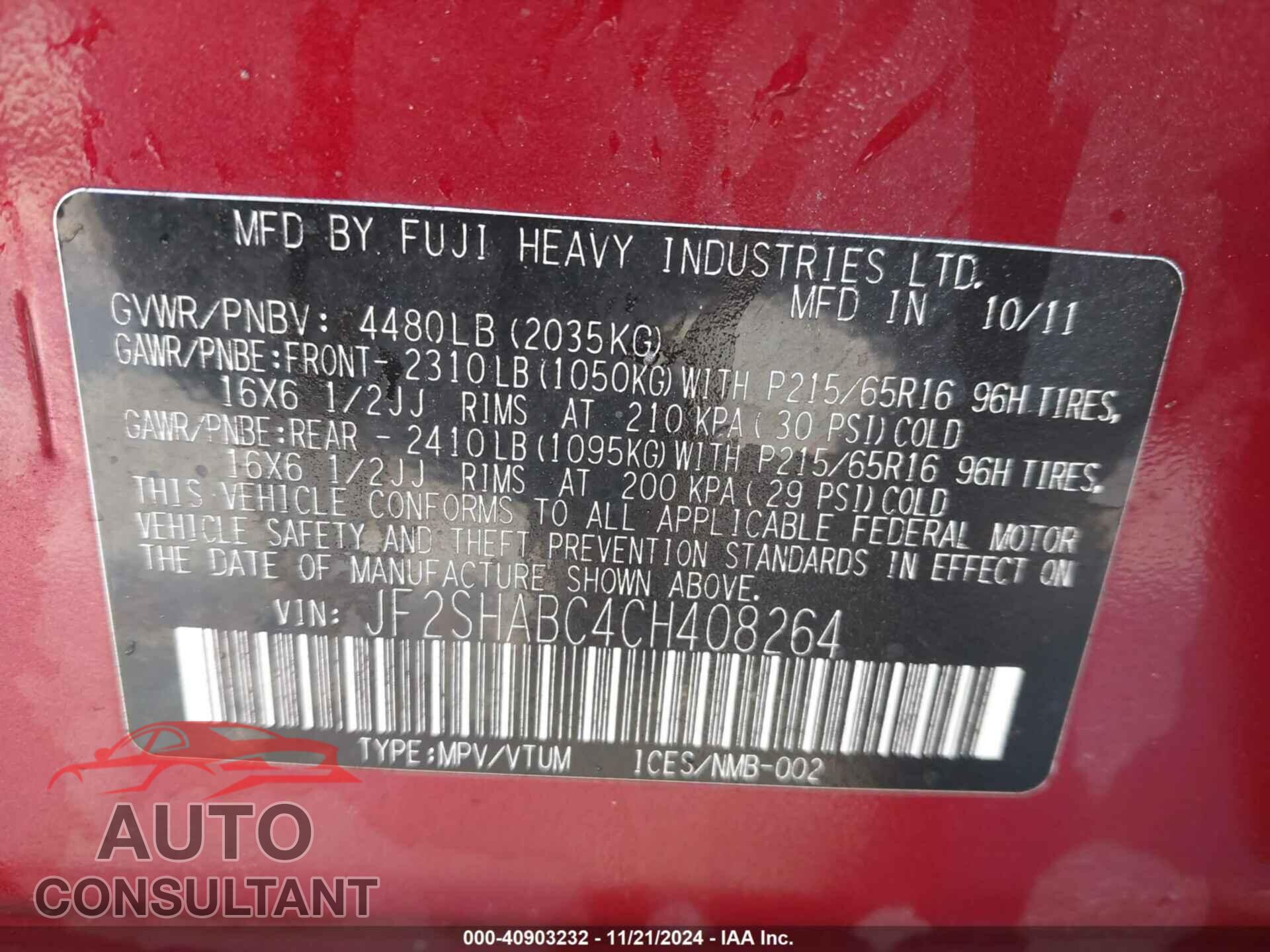 SUBARU FORESTER 2012 - JF2SHABC4CH408264