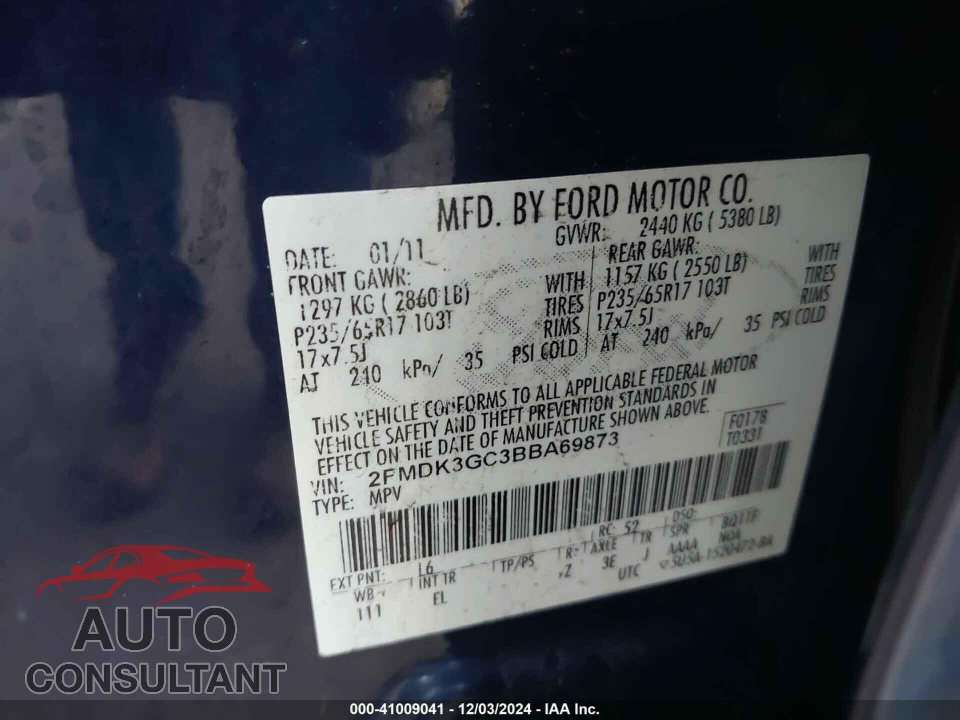 FORD EDGE 2011 - 2FMDK3GC3BBA69873
