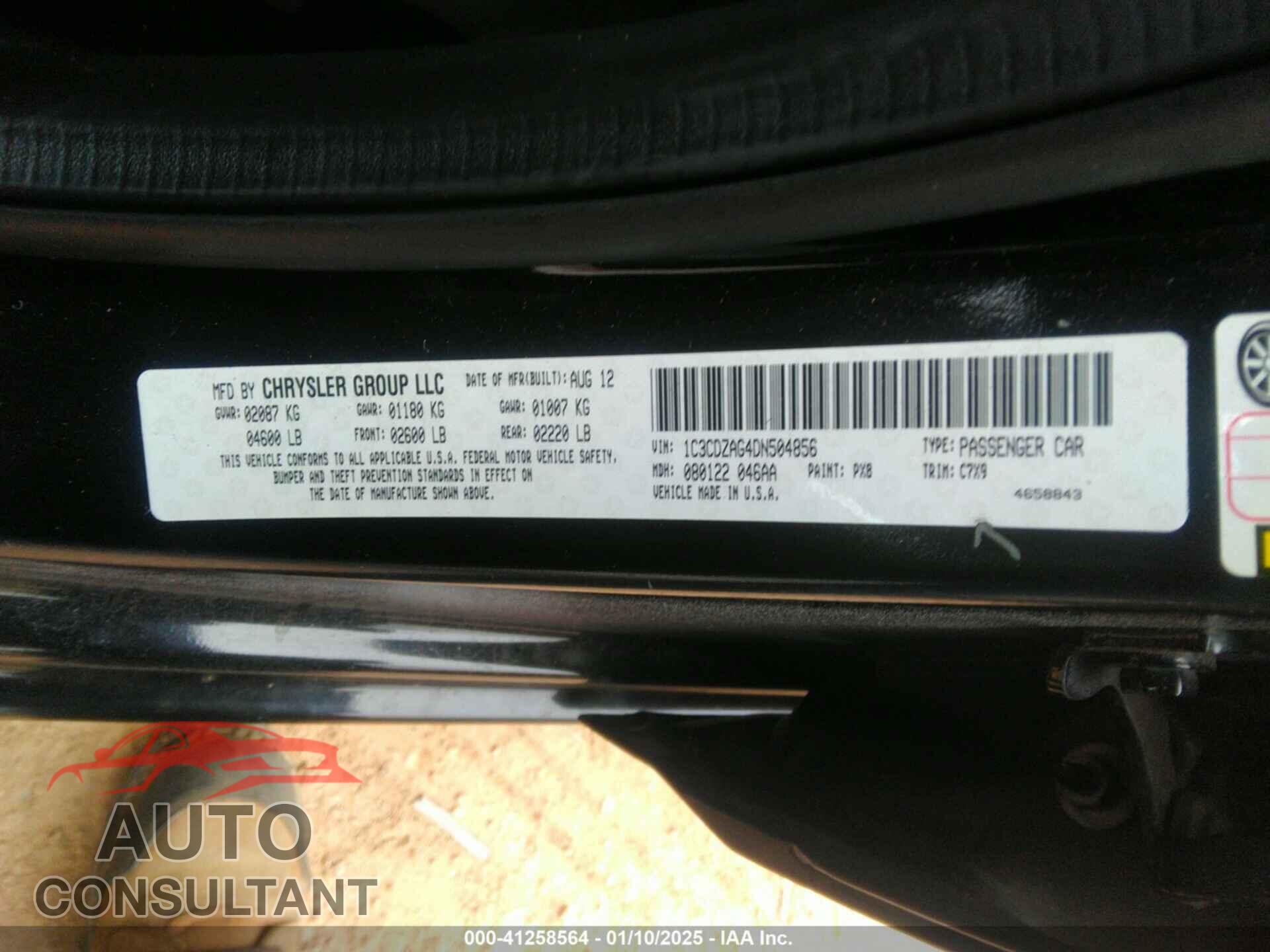 DODGE AVENGER 2013 - 1C3CDZAG4DN504856