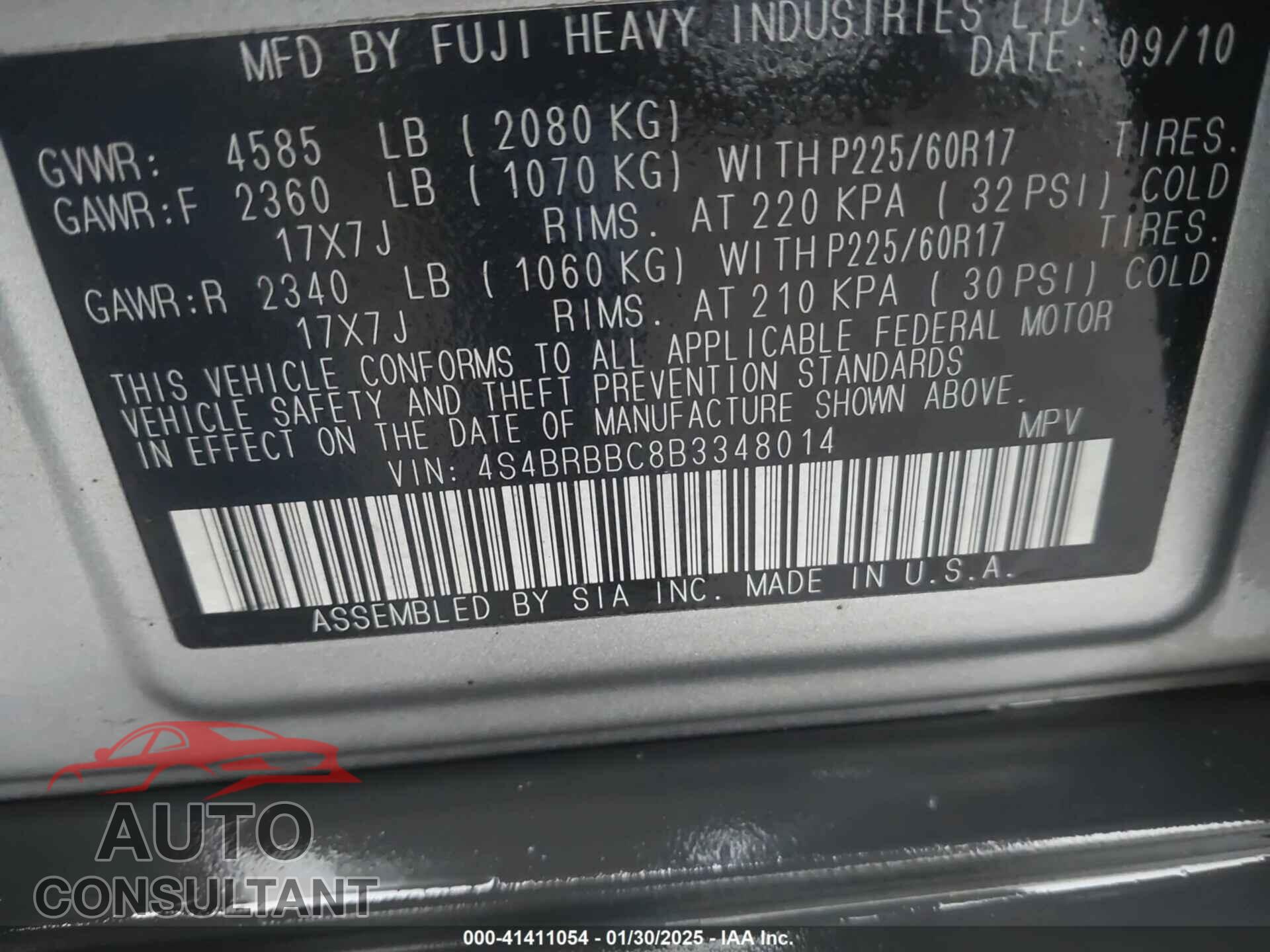 SUBARU OUTBACK 2011 - 4S4BRBBC8B3348014