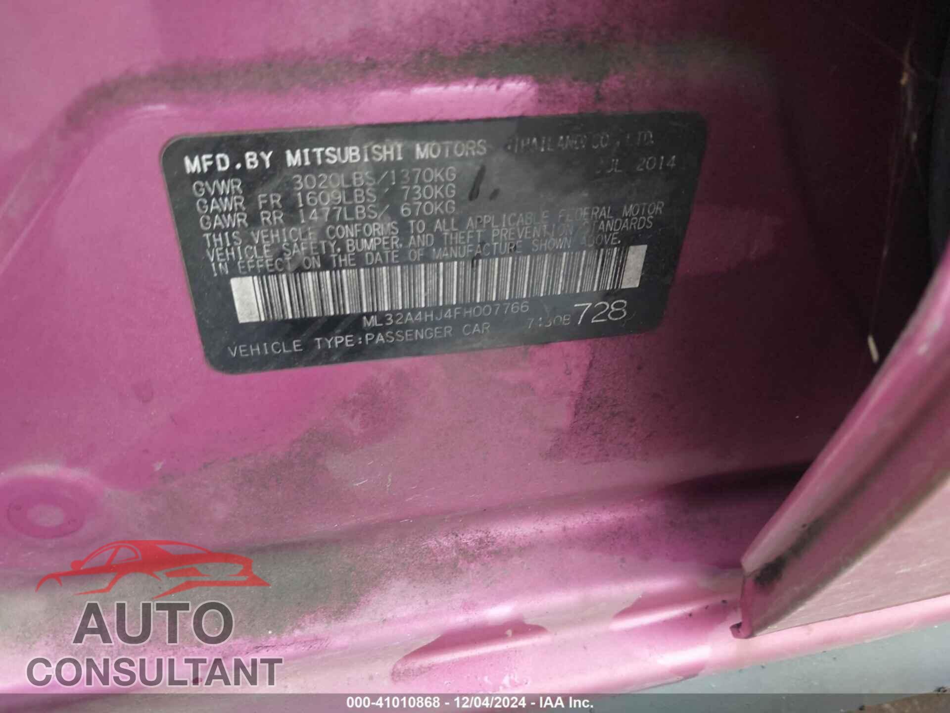 MITSUBISHI MIRAGE 2015 - ML32A4HJ4FH007766