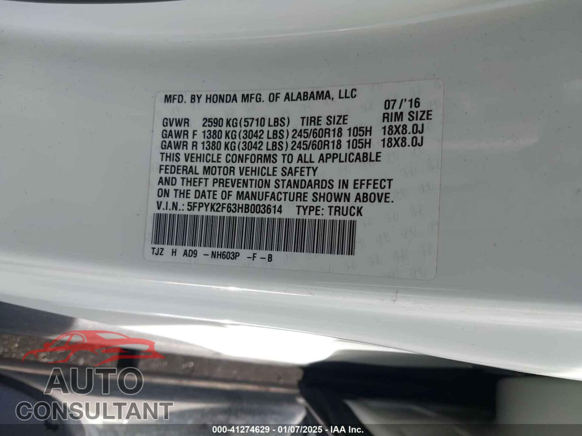 HONDA RIDGELINE 2017 - 5FPYK2F63HB003614