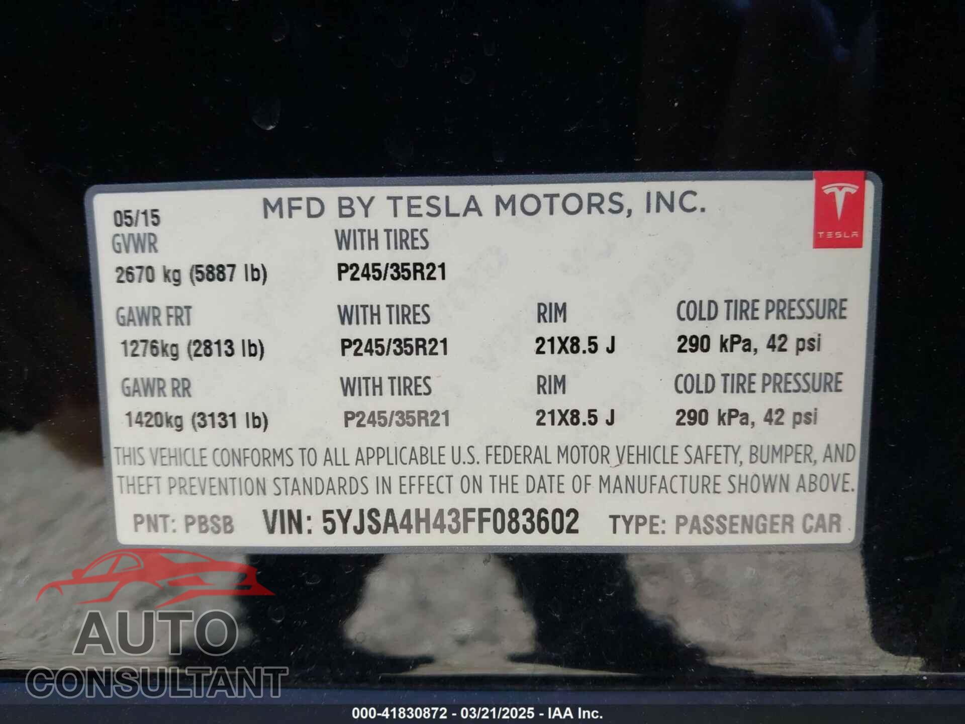 TESLA MODEL S 2015 - 5YJSA4H43FF083602