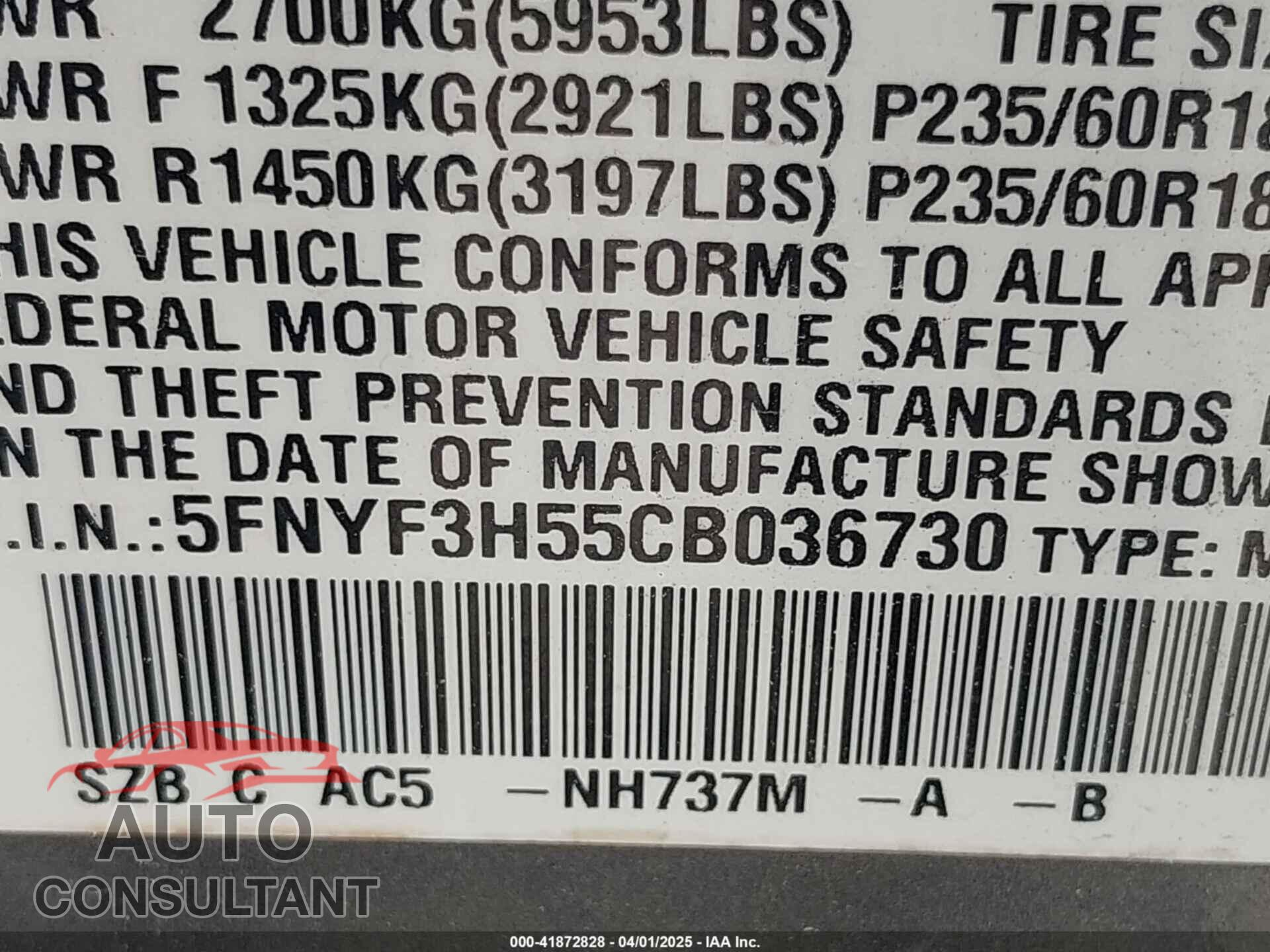 HONDA PILOT 2012 - 5FNYF3H55CB036730