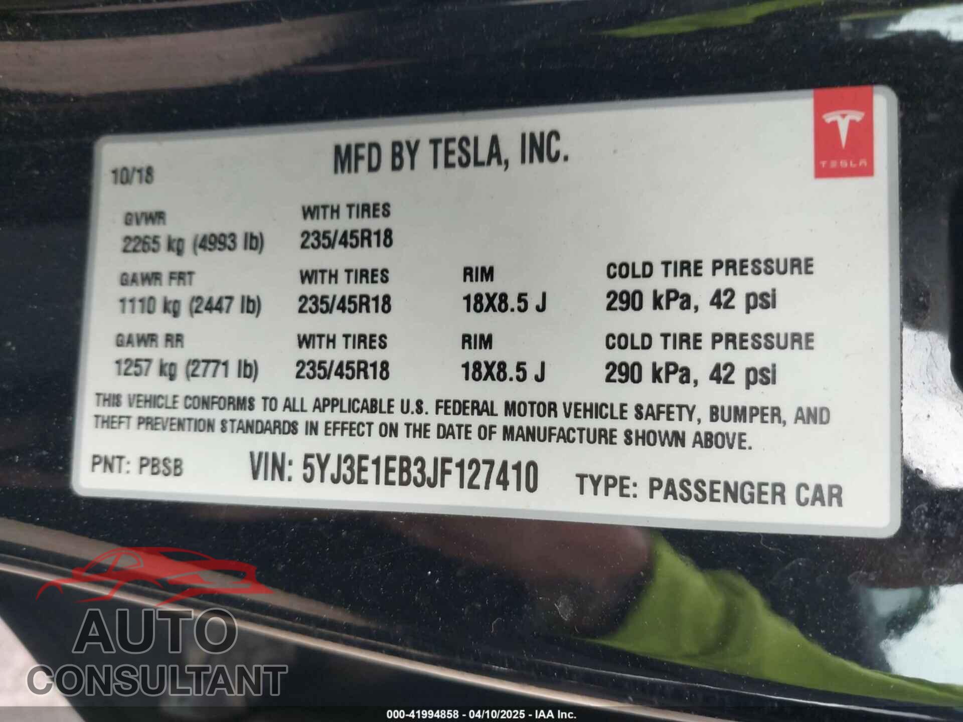 TESLA MODEL 3 2018 - 5YJ3E1EB3JF127410