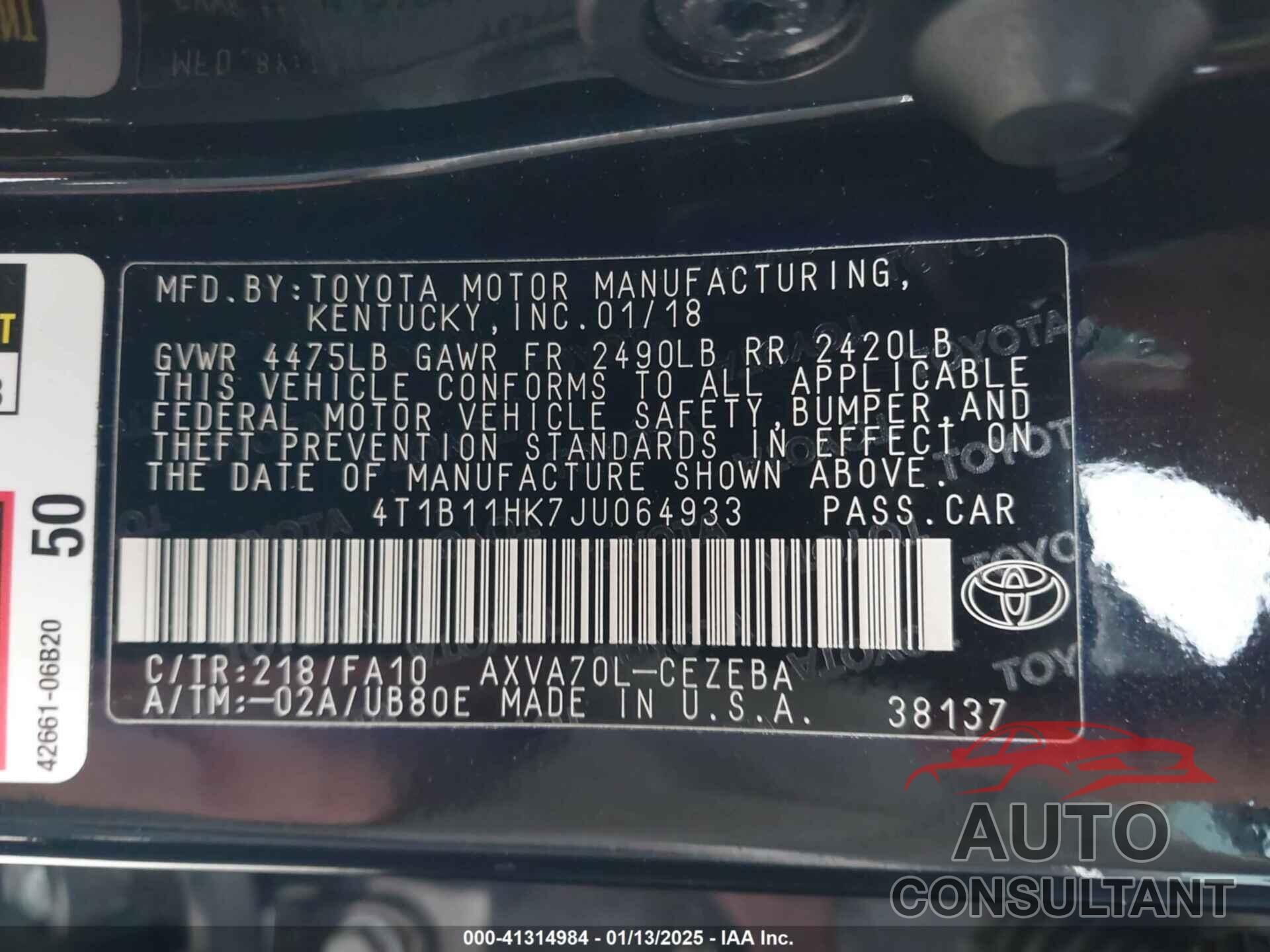 TOYOTA CAMRY 2018 - 4T1B11HK7JU064933