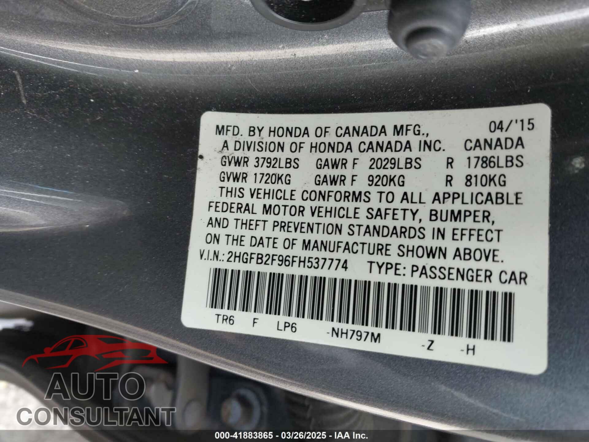 HONDA CIVIC 2015 - 2HGFB2F96FH537774