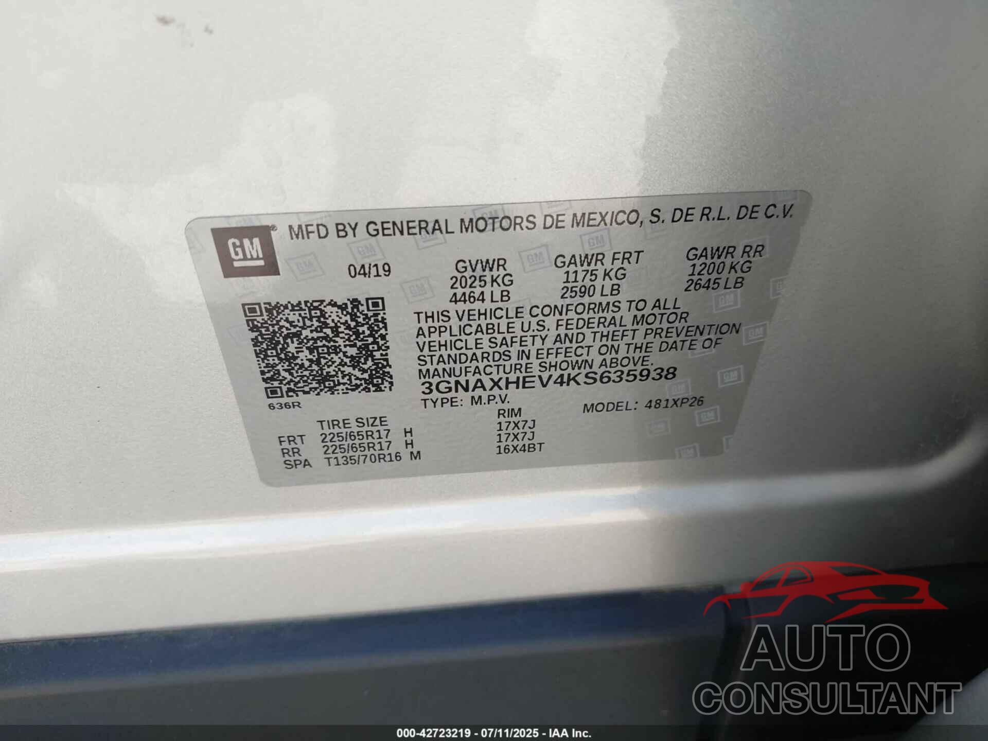 CHEVROLET EQUINOX 2019 - 3GNAXHEV4KS635938