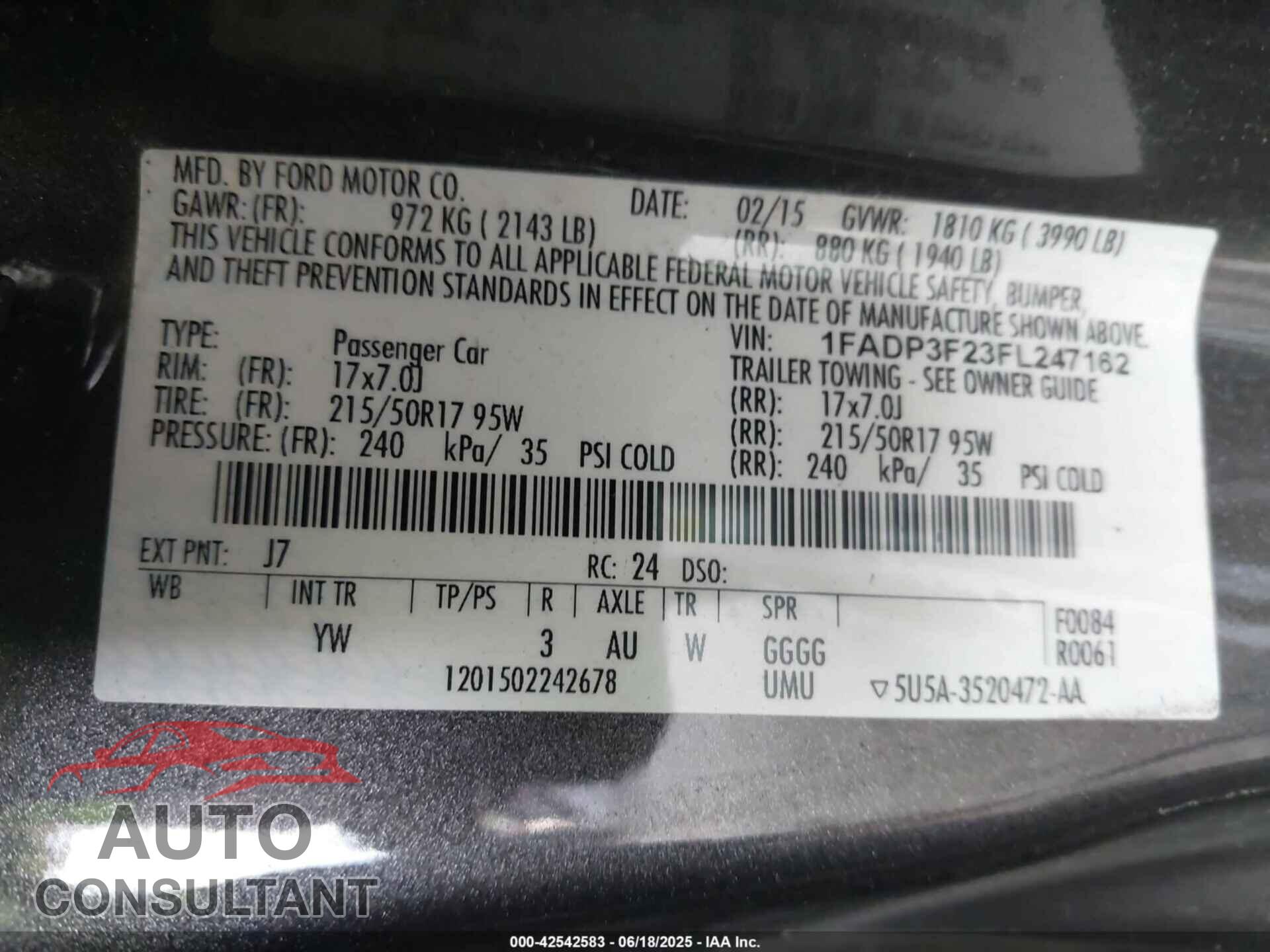 FORD FOCUS 2015 - 1FADP3F23FL247162