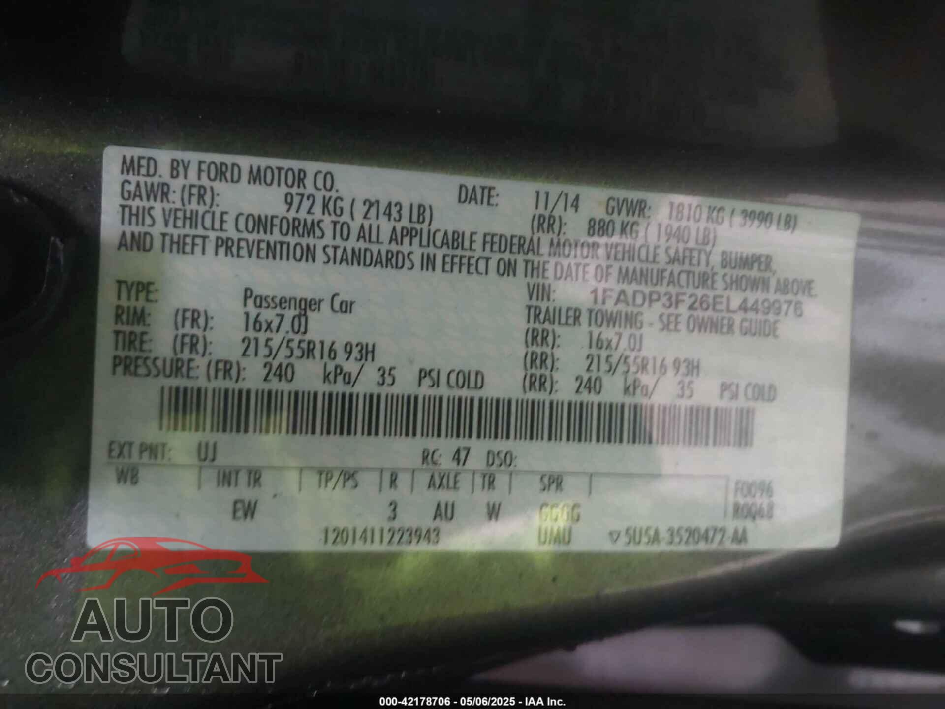 FORD FOCUS 2014 - 1FADP3F26EL449976