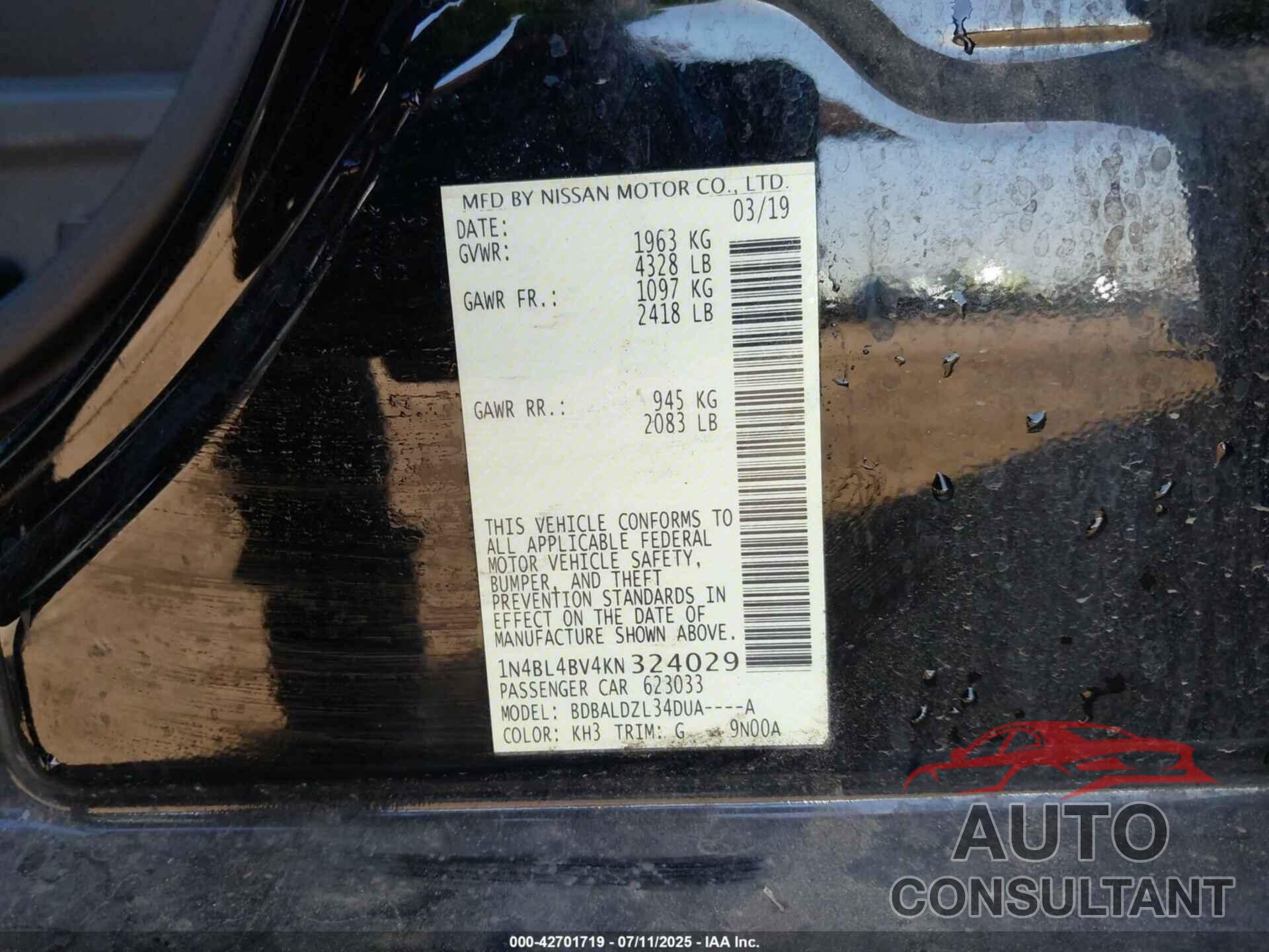 NISSAN ALTIMA 2019 - 1N4BL4BV4KN324029