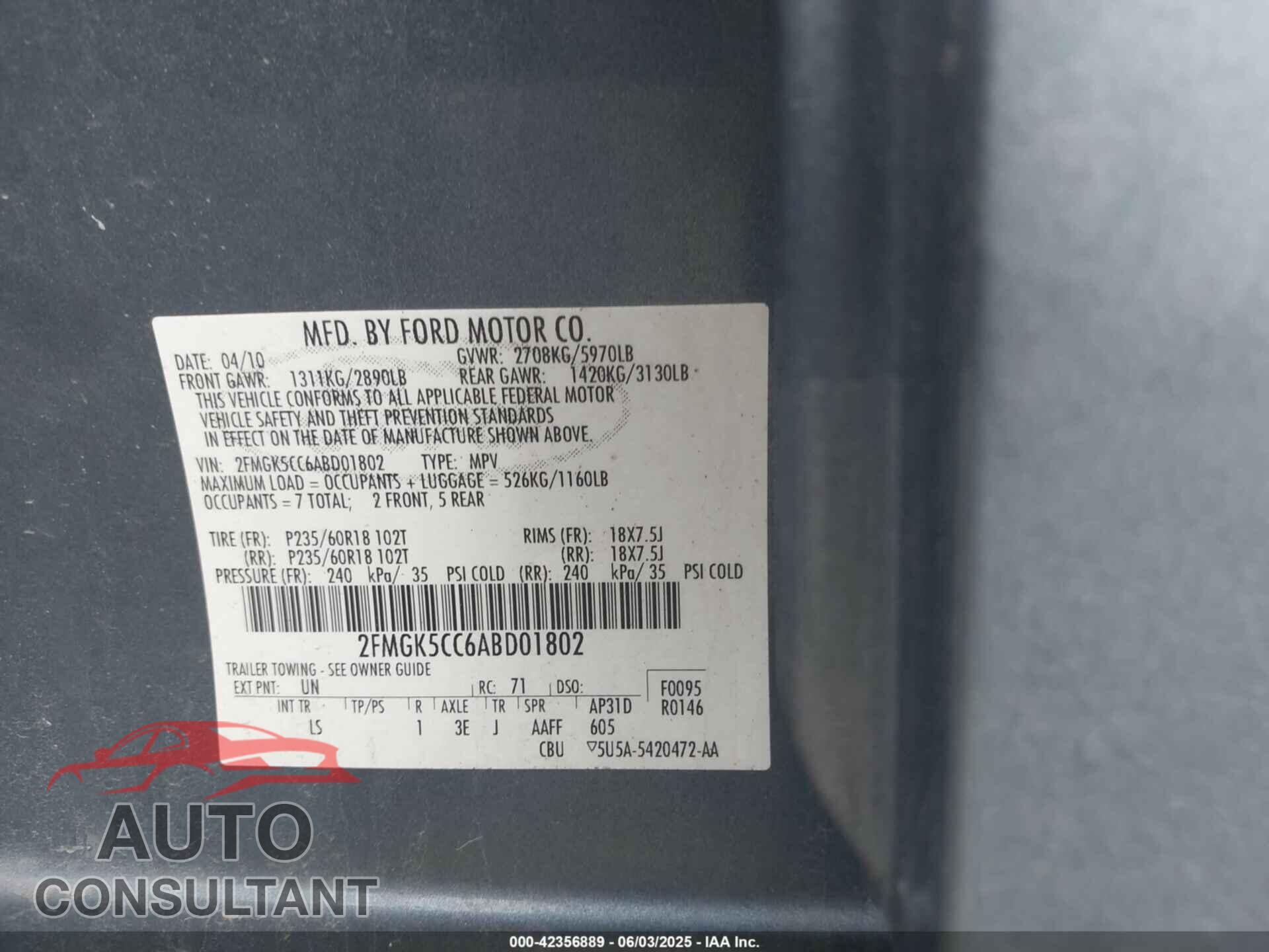 FORD FLEX 2010 - 2FMGK5CC6ABD01802