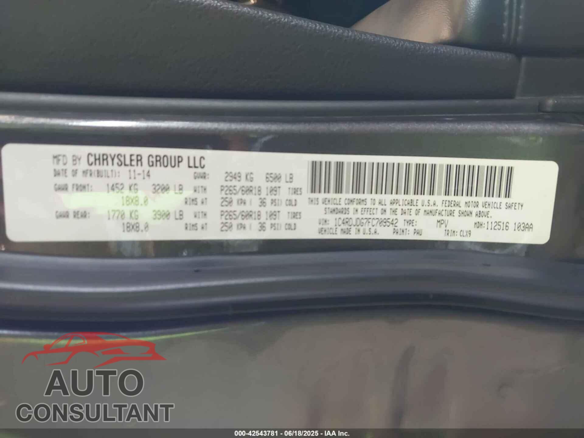 DODGE DURANGO 2015 - 1C4RDJDG7FC709542