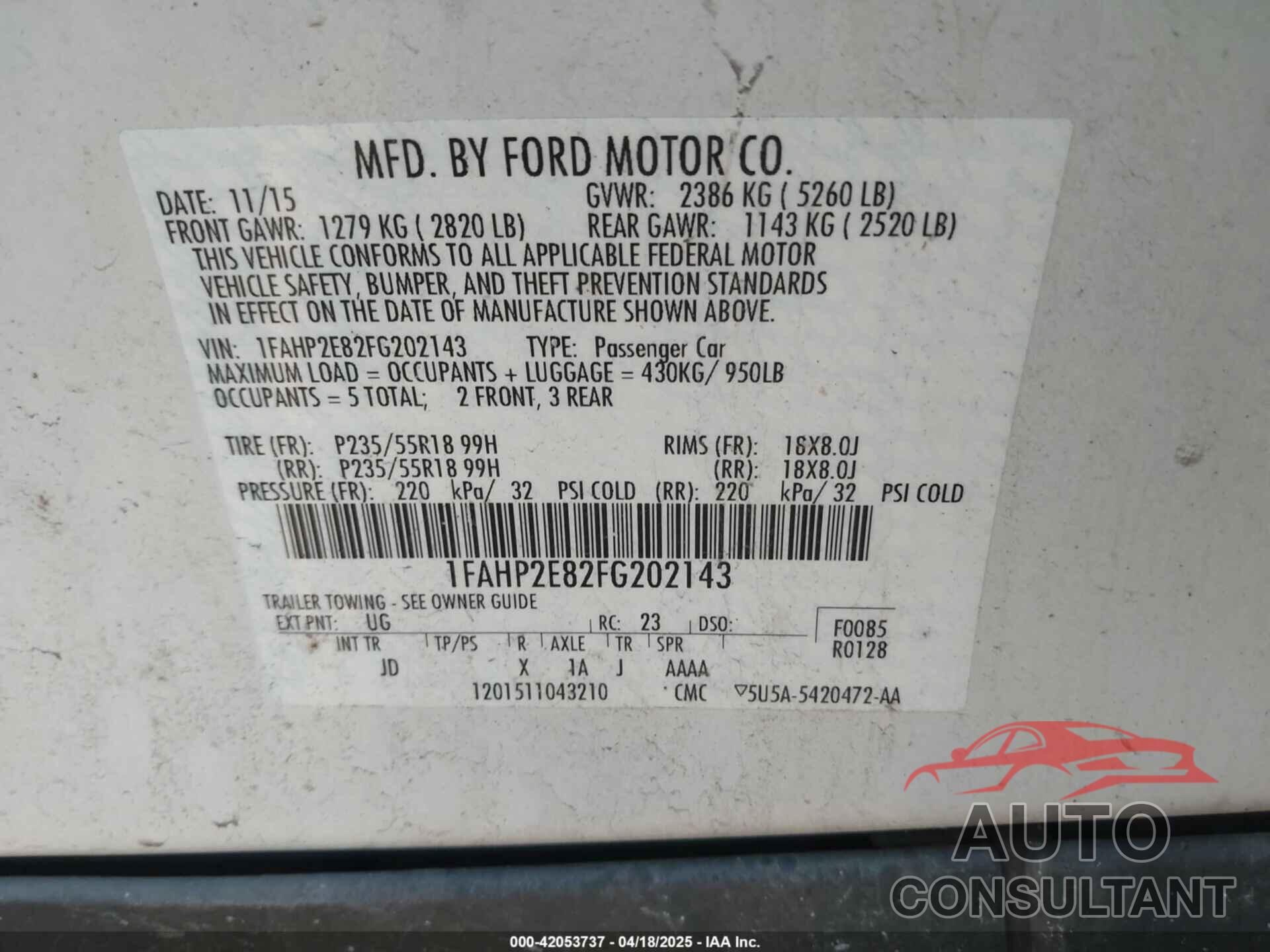 FORD TAURUS 2015 - 1FAHP2E82FG202143