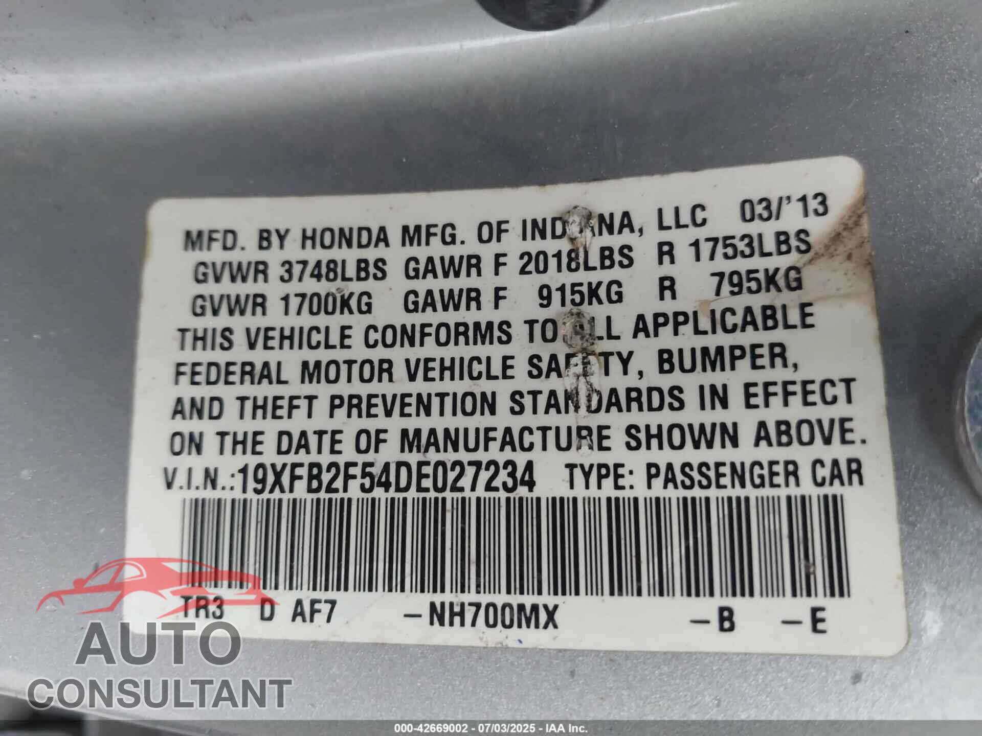 HONDA CIVIC 2013 - 19XFB2F54DE027234