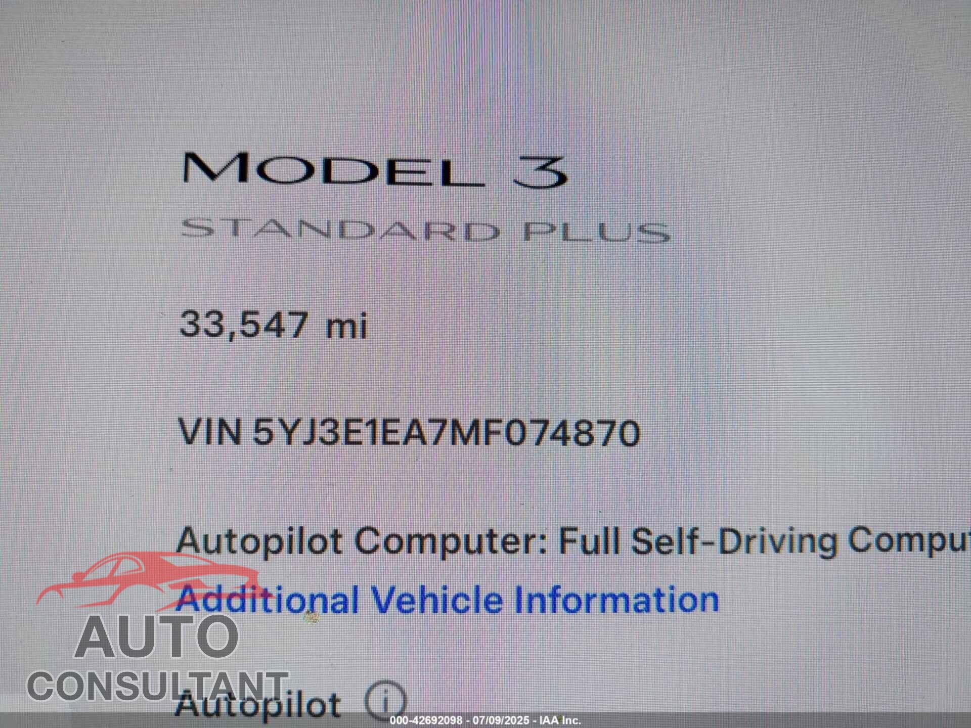 TESLA MODEL 3 2021 - 5YJ3E1EA7MF074870