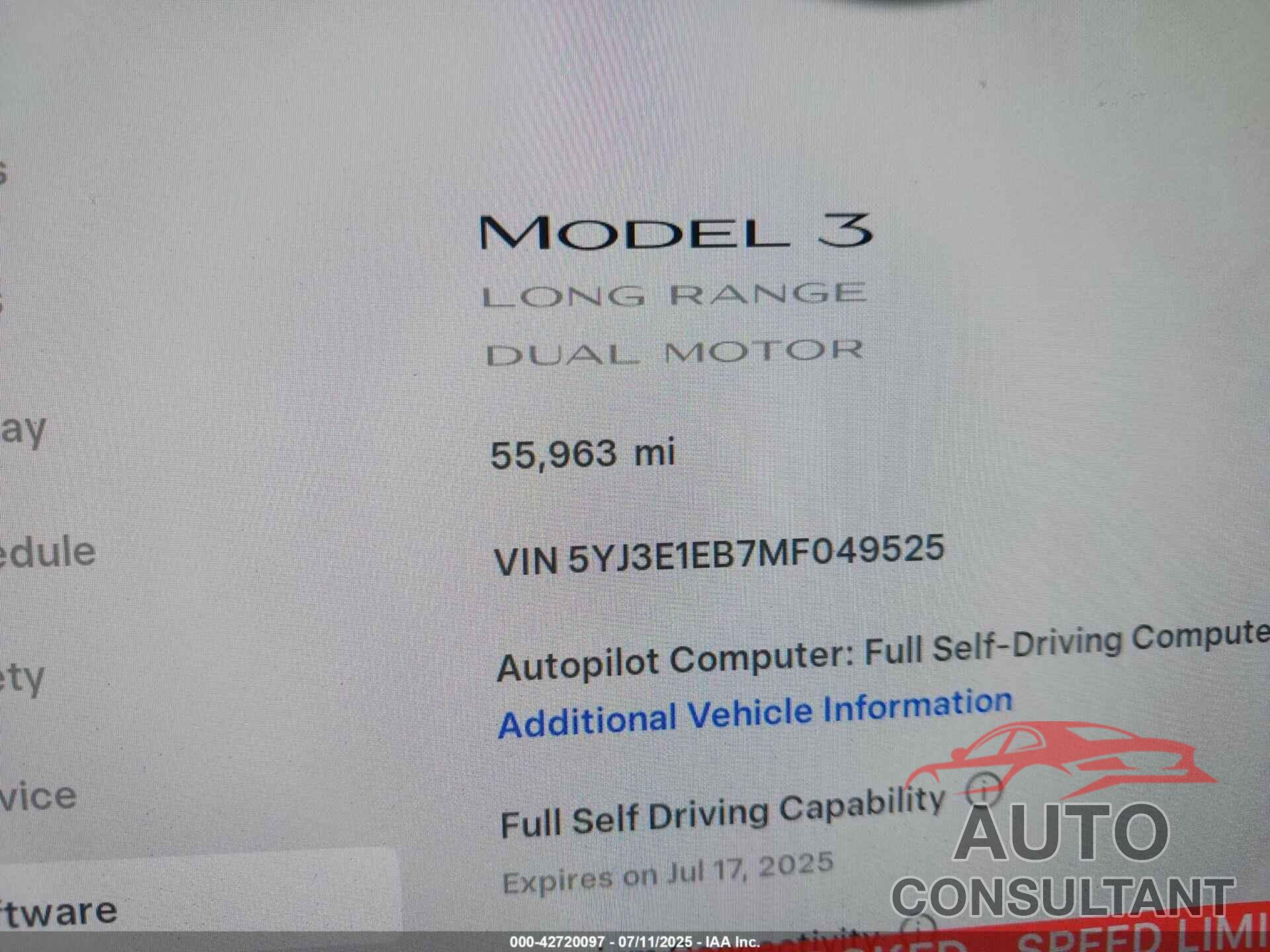 TESLA MODEL 3 2021 - 5YJ3E1EB7MF049525