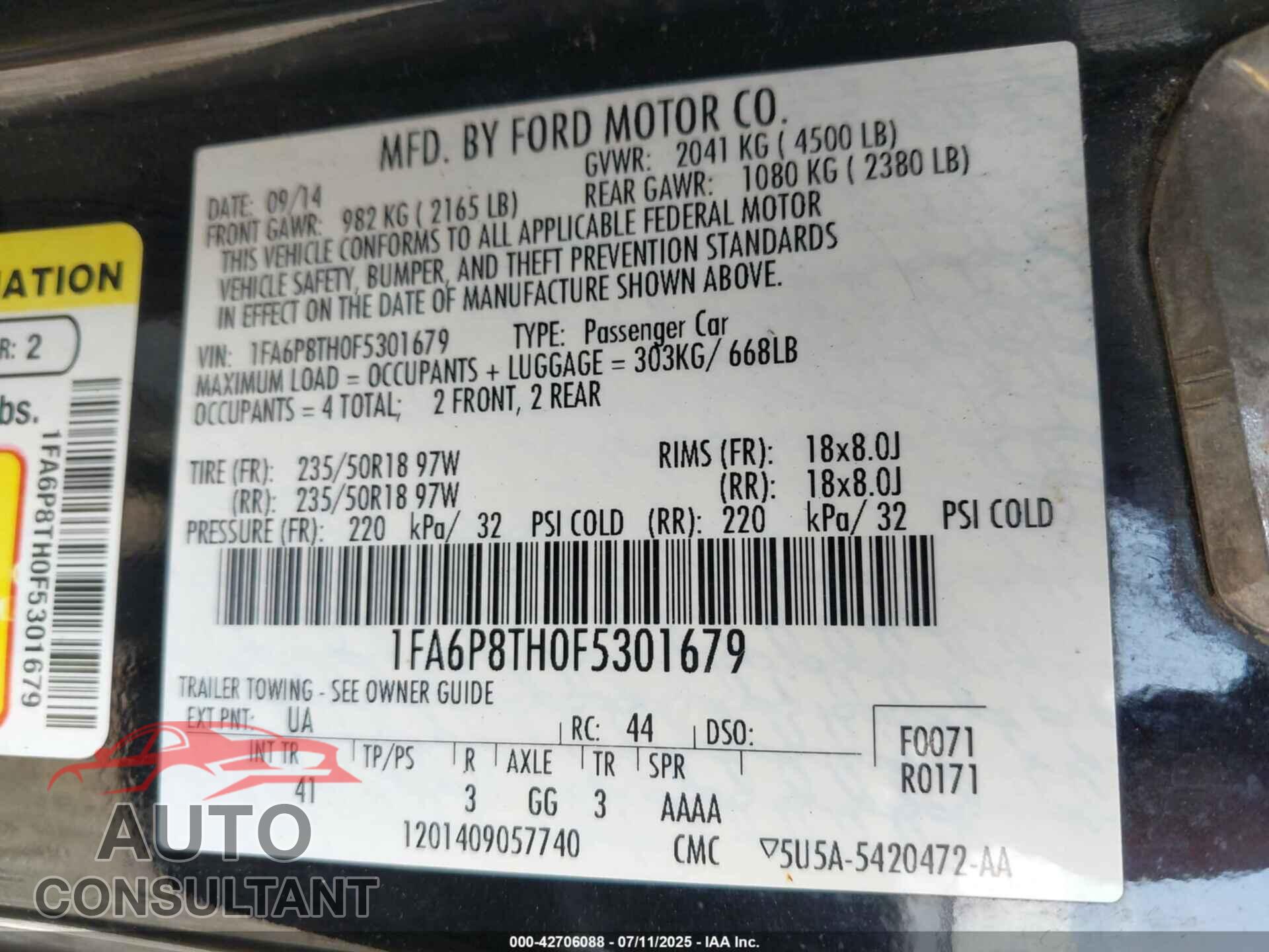 FORD MUSTANG 2015 - 1FA6P8TH0F5301679