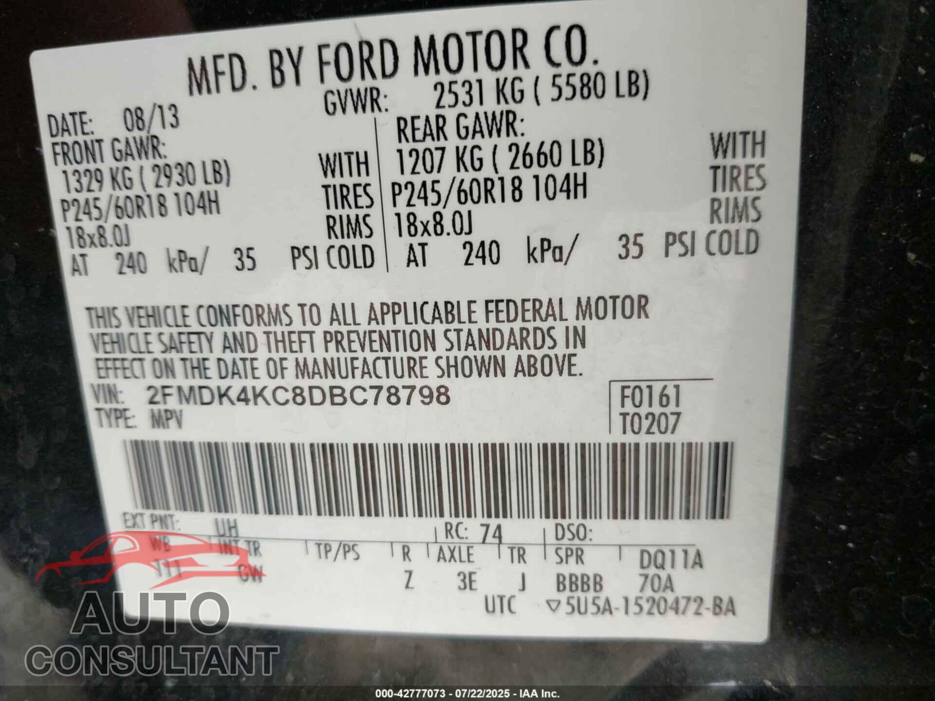 FORD EDGE 2013 - 2FMDK4KC8DBC78798