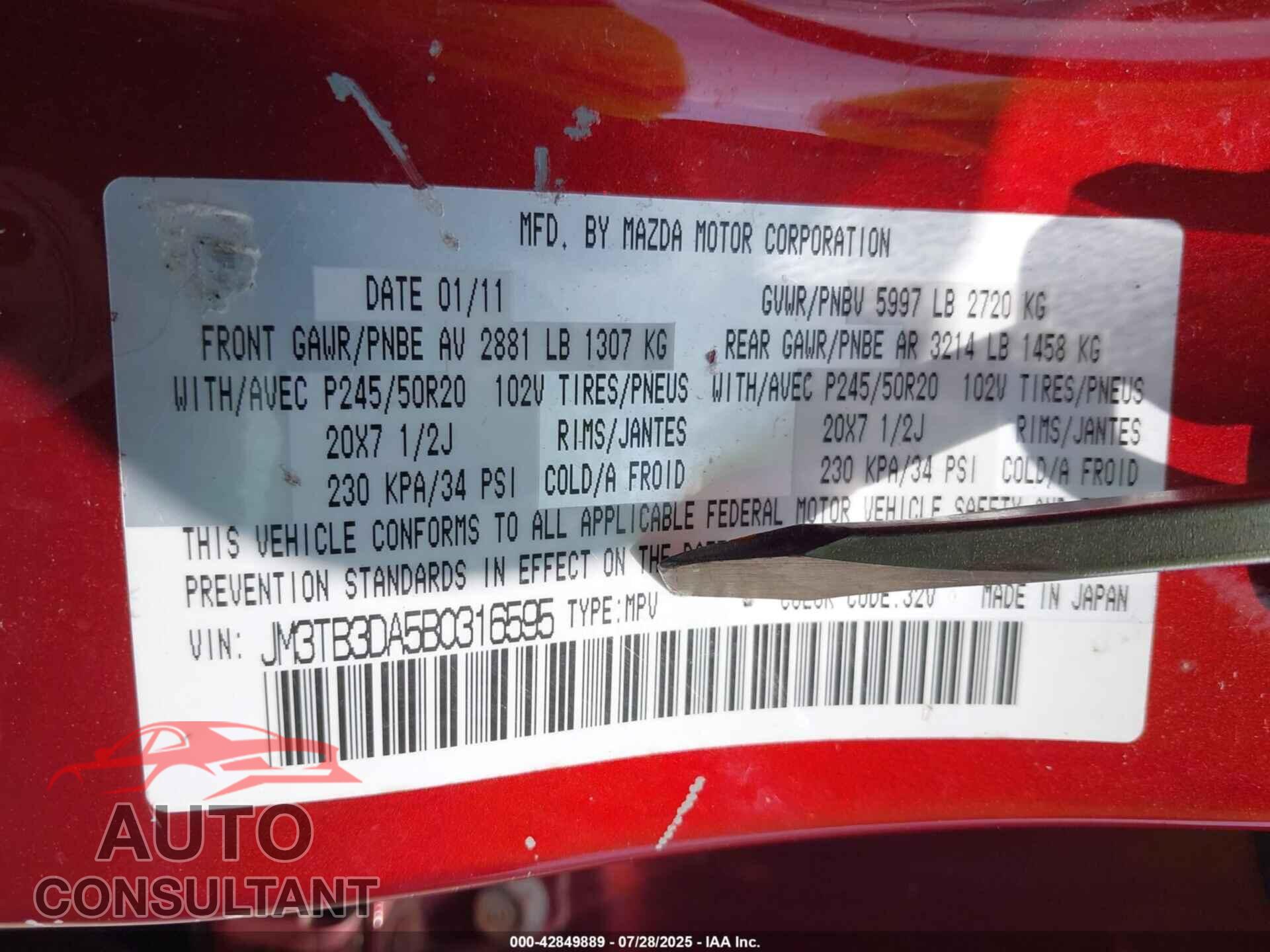 MAZDA CX-9 2011 - JM3TB3DA5B0316595