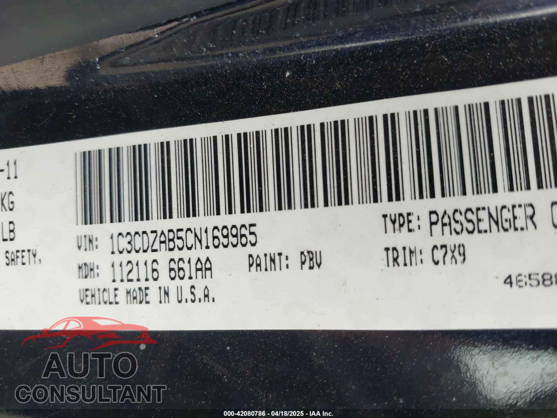 DODGE AVENGER 2012 - 1C3CDZAB5CN169965