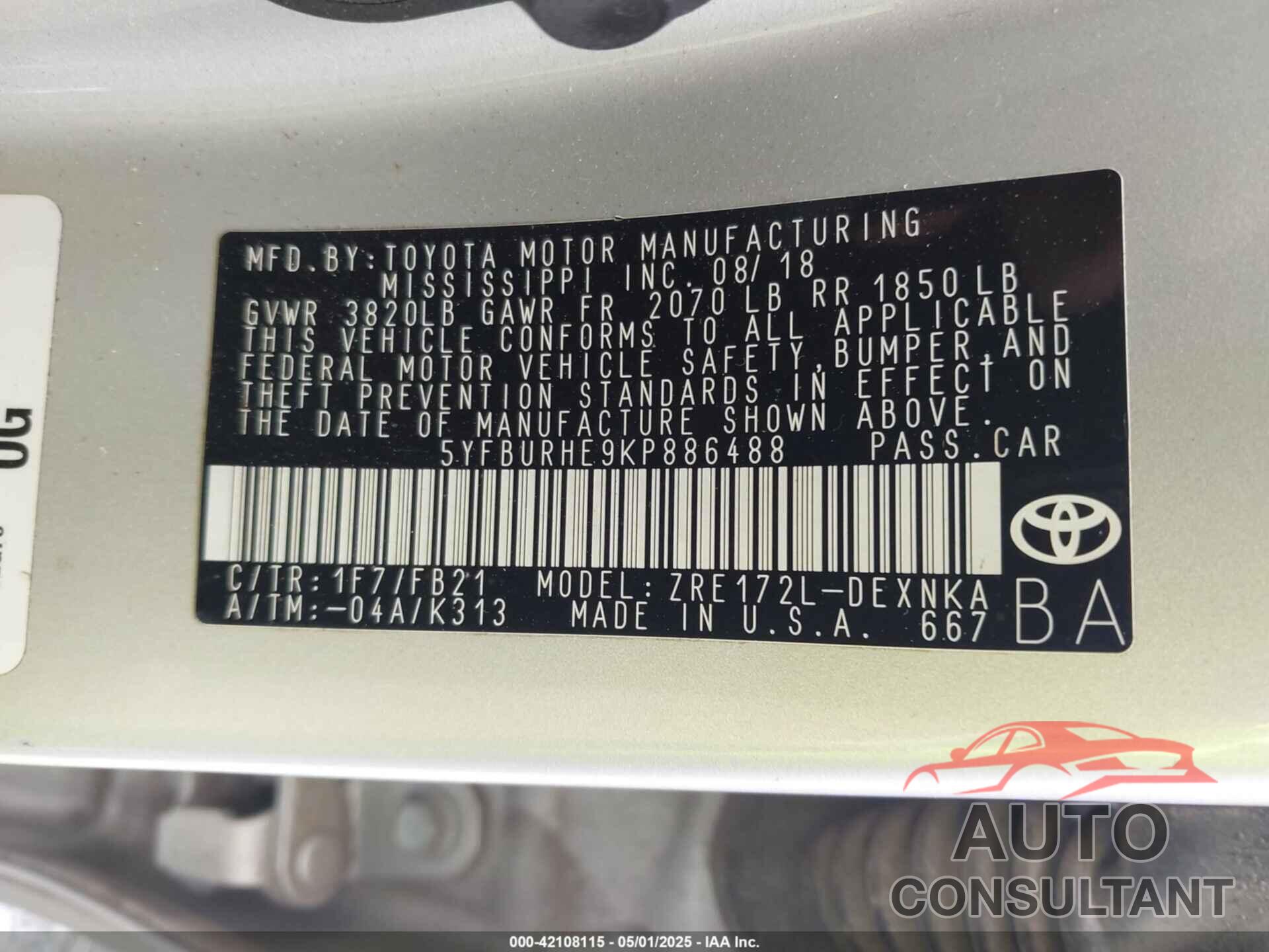 TOYOTA COROLLA 2019 - 5YFBURHE9KP886488